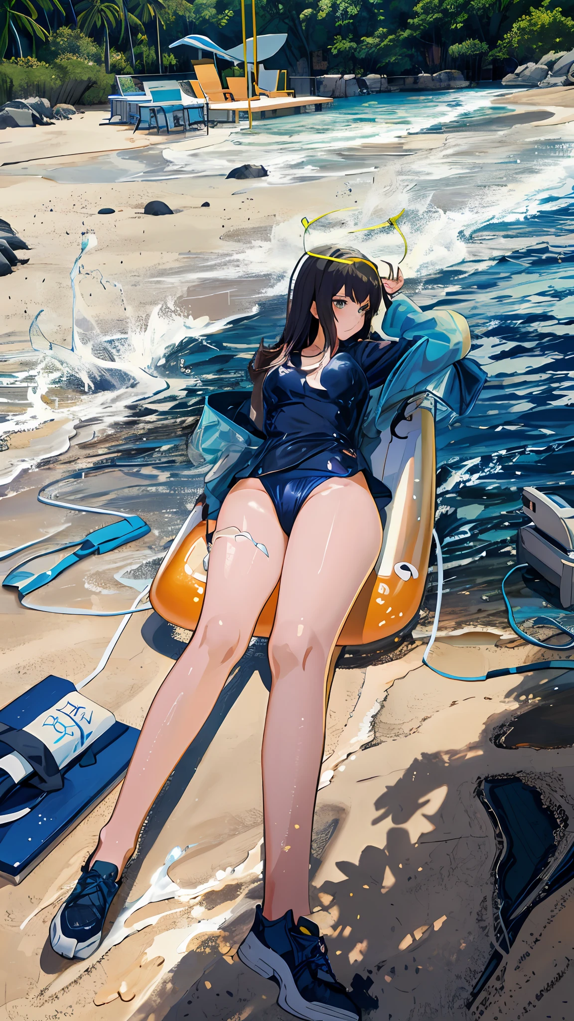 Anime girl in swimsuit standing on the pool, swimsuit, swimsuit, fleet body collection style, wet swimsuit, retro swimsuit, pixiv 3DCG, small curvy , monokini, high resolution commission, on the beach, in the sea, next to the pool