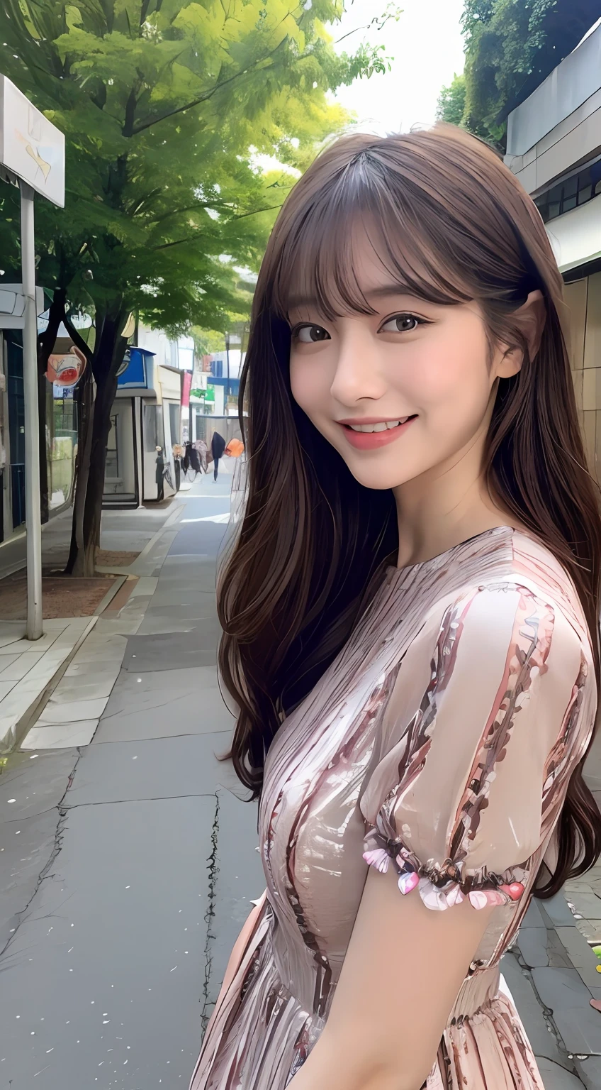((top-quality、8K、masterpiece:1.3))、1girl in、A smile、full body Esbian、Slim Faces、Pretty women、(dark brown hair)、Full-length dresses:1.1、hyperdetailed face、A detailed eye、二重まぶた、blured background、Slim Faces、城市、takeout、a street、With bangs