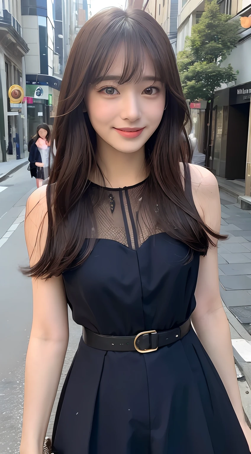 ((top-quality、8K、masterpiece:1.3))、1girl in、A smile、full body Esbian、Slim Faces、Pretty women、(dark brown hair)、Full-length dresses:1.1、hyperdetailed face、A detailed eye、二重まぶた、blured background、Slim Faces、城市、takeout、a street、With bangs