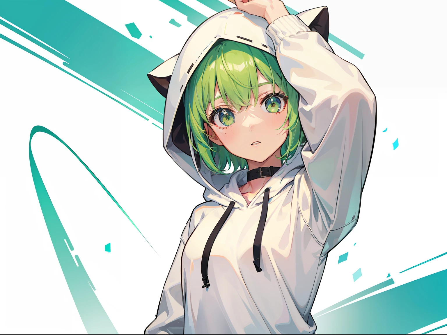 1girll，Green hair, White hoodies，short detailed hair，The upper part of the body