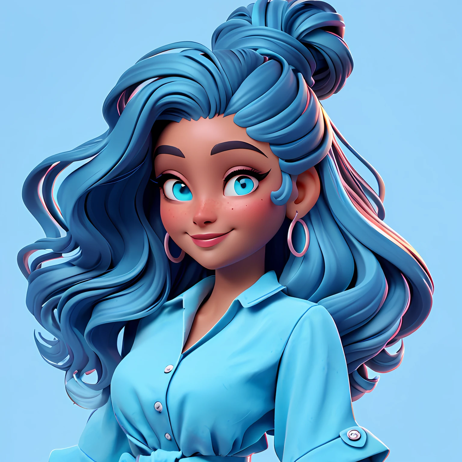 uma mulher, pele morena marrom, Your hair is stuck in a messy bun, preto e branco, The background is filled with a pastel shade of light blue, evoking a sense of lightness and happiness.
