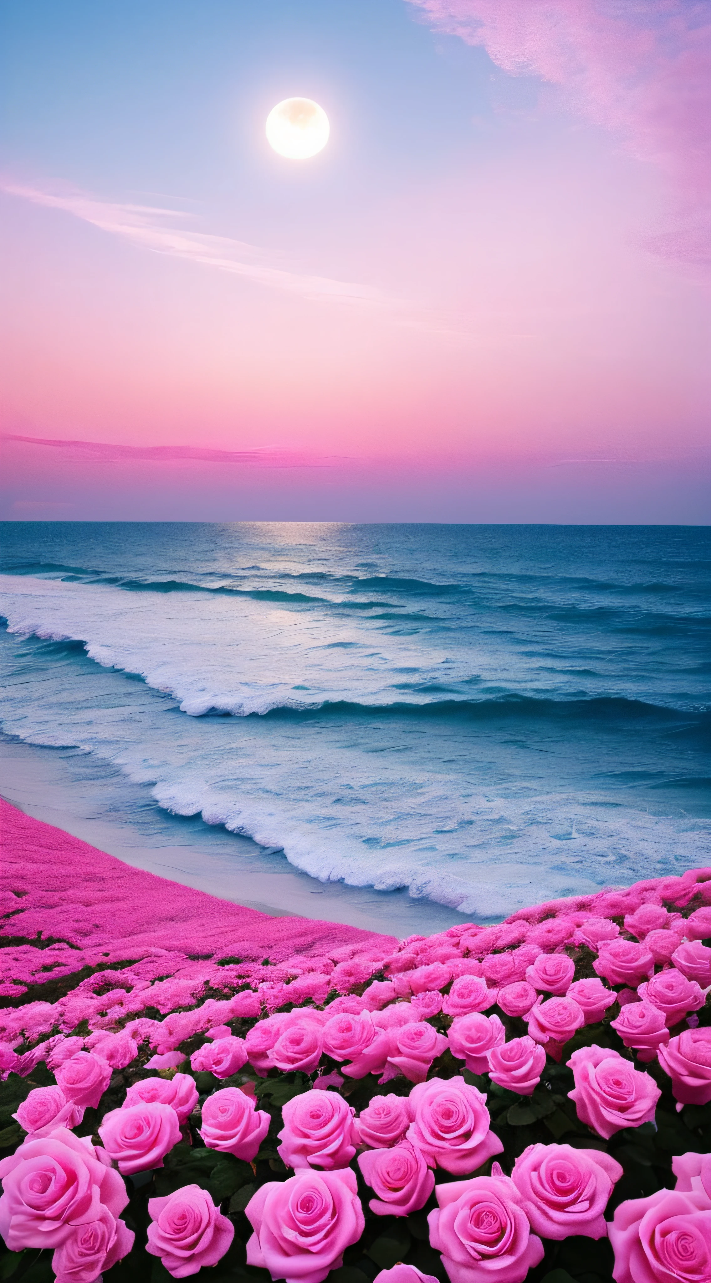 Pink moon, pink sky, soft pink clouds, pink ocean waves sparkling, sparkling, pink roses on pink ocean, fantasy, diamond, crown, universe, soft lights,