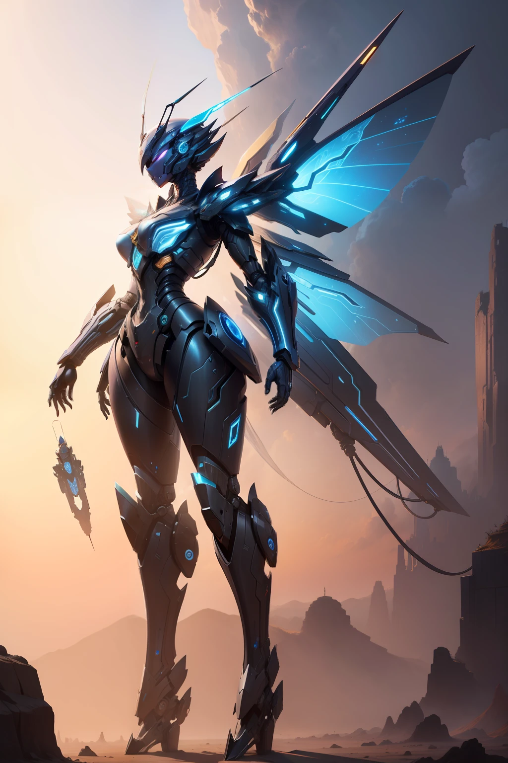 masterpiece、hight resolution、Fantastic、Dunbine、Aura Butler、Dynamic mechanical life forms、huge robot、spread wings on the back,、Take off high、Beautiful figure、Insectoid robot、big nails on hands、