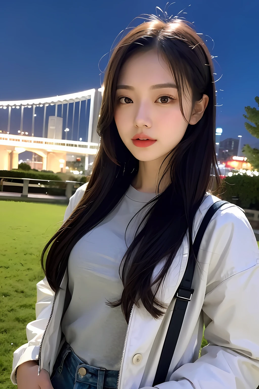 （Highly detailed body，Highly detailed face，Best quality at best：1.2） ，A woman who is，looki at viewer，White suspenders，（Night city park in the background：1.4），( (8K:1.27), Best quality at best, tmasterpiece, 超高分辨率:1.2) Photo of beautiful asian woman，（mediuml breasts：1.0）， （middle areolae：0.8）， （realisticlying：1.4）， （Best picture quality：1.0）， （超高分辨率：1.0），（No hands：1.3）, food, Jacket