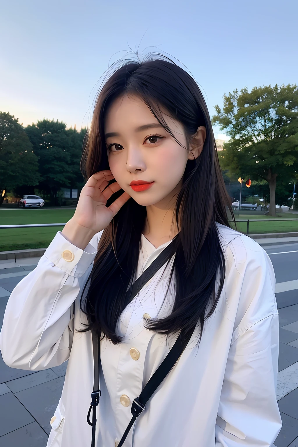 （Highly detailed body，Highly detailed face，Best quality at best：1.2） ，A woman who is，looki at viewer，White suspenders，（Night city park in the background：1.4），( (8K:1.27), Best quality at best, tmasterpiece, 超高分辨率:1.2) Photo of beautiful asian woman，（mediuml breasts：1.0）， （middle areolae：0.8）， （realisticlying：1.4）， （Best picture quality：1.0）， （超高分辨率：1.0），（No hands：1.3）, food, Jacket