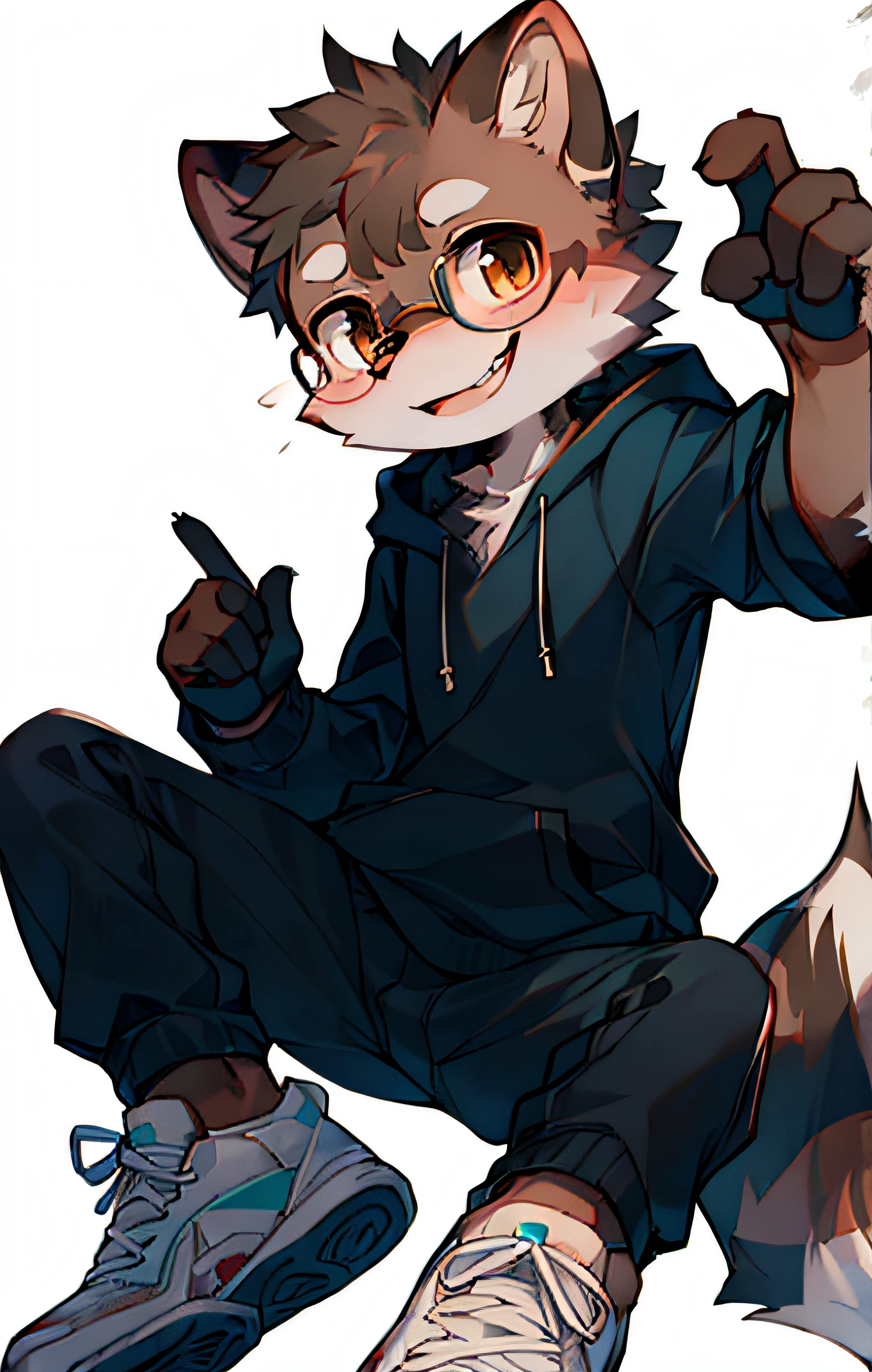 Furry raccoon wearing brown body fur+half gloves+hoodie+sneakers+glasses+playful expression.