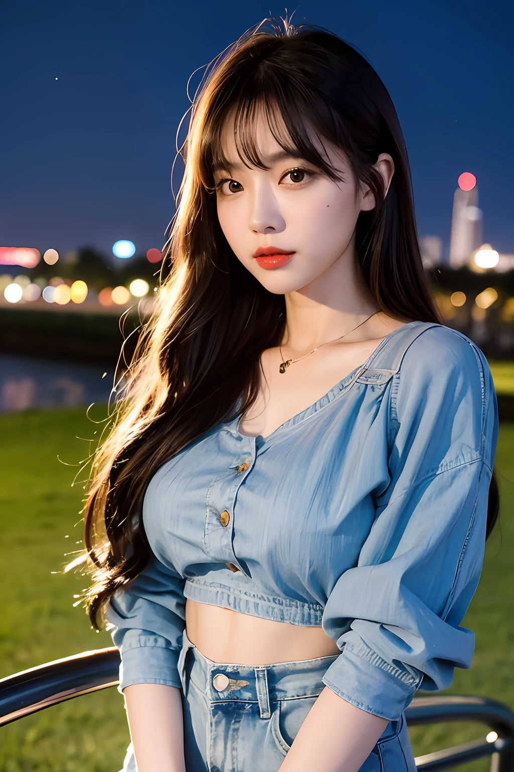 (Highly detailed body,Highly detailed face,Best quality at best:1.2) ,A woman who is,looki at viewer,White suspenders,(Night city park in the background:1.4),( (8K:1.27), Best quality at best, tmasterpiece, 超高分辨率:1.2) Photo of beautiful asian woman,(mediuml breasts:1.0), (middle areolae:0.8), (realisticlying:1.4), (Best picture quality:1.0), (超高分辨率:1.0),(No hands:1.3), food, Jacket