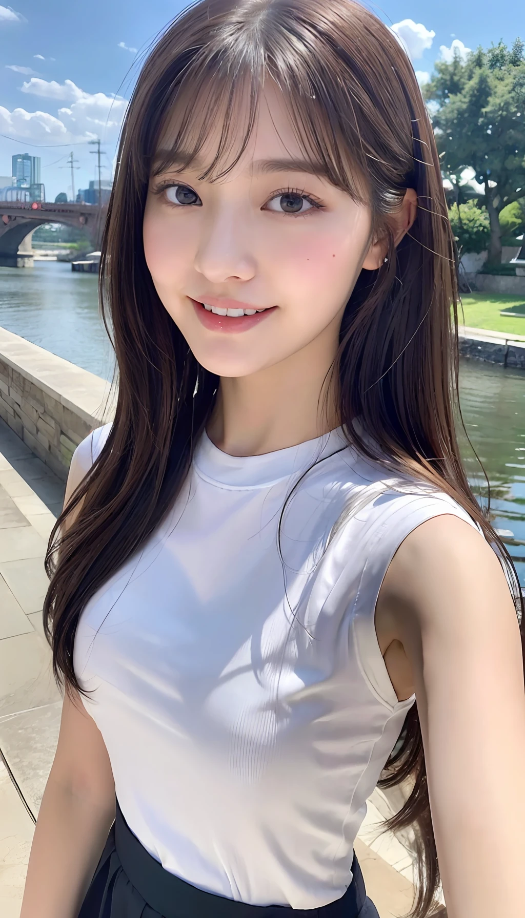 (8K、top-quality、​masterpiece、超A high resolution、High Definition Face:1.3)、portlate、(20 years girl:1.3)、bokeh dof、frontage、 Genius genius smile、ultra-detailliert、ultra res、(realisitic、rialistic photo:1.37)、high-definition RAW color photography、Professional Photography、highly detailed and beautiful、ighly detailed、8K Picture Wallpaper、amazing detailed、huge filesize、Official art、Highly detailed CG Unity 8K wallpapers、highly detailed beautiful girl、extra detailed face、extremely detailed eye、highlydetailed skin、extremely detailed fingers、highly detailed nose、very detailed detailed mouth、Perfect Anatomy、Highly detailed clothing、 1 人、(18:1.2)、Teete little us Japan idol、cute little、Realistic body、小柄、de pele branca、glistning skin、Slim body、Handsome body、brown haired、(Blunt bangs:1.2)、Classic wavy long hair、 (nffsw:1.3),A smile、kawaii、zora々Right、kawaii faces、Lifelike face、Delicat eyes、Sauce order、White T-shirt、skirt by the、Looking at the camera、cowboy  shot、along the river、front facing、Contrapo、public