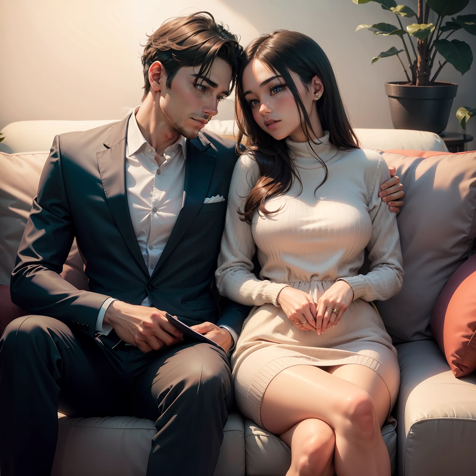 They are sitting on a couch together looking at a cell phone - SeaArt AI