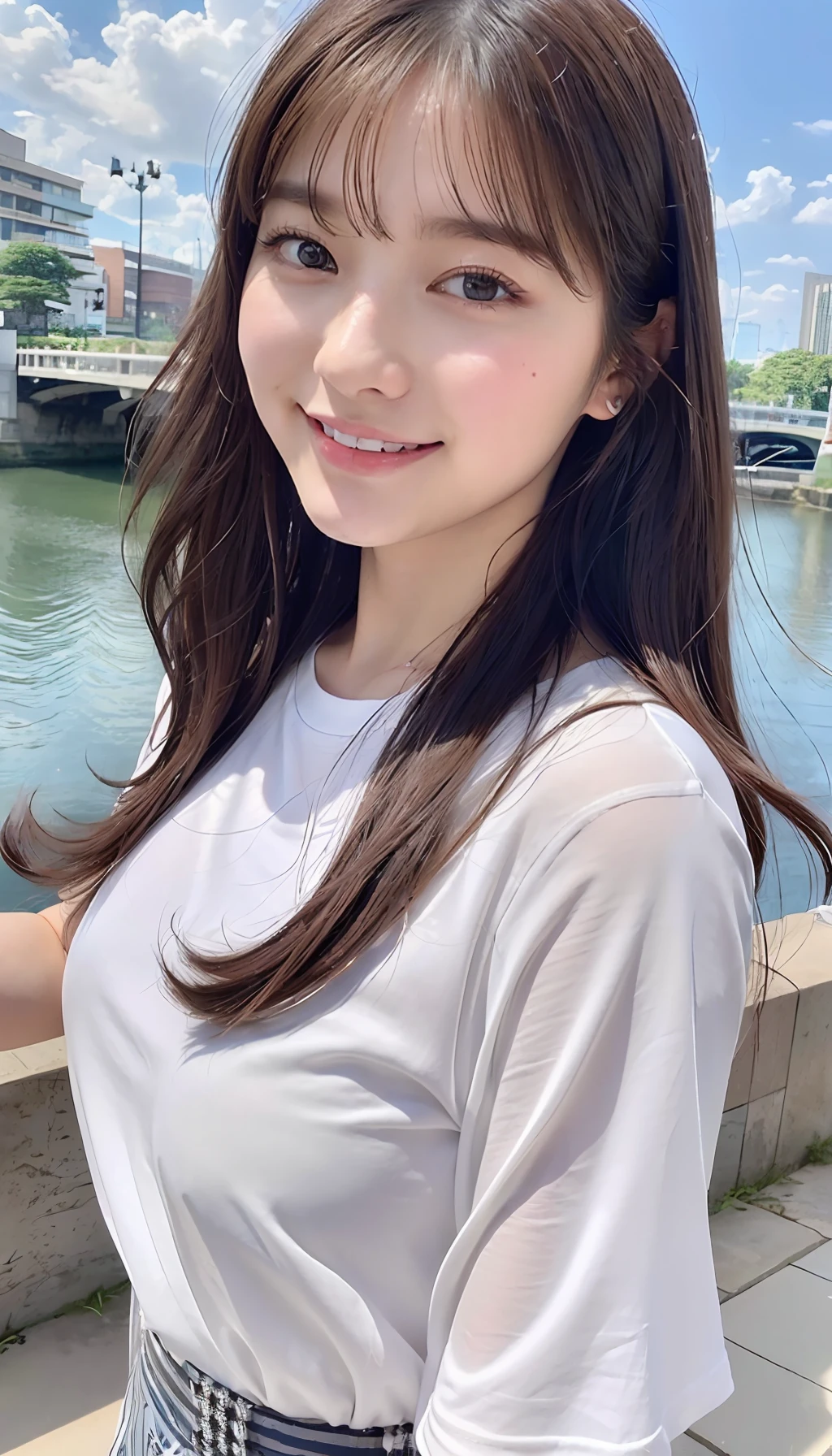(8K、top-quality、masterpiece、超A high resolution、High Definition Face:1.3)、portlate、(20 years girl:1.3)、bokeh dof、frontage、 Genius genius smile、ultra-detailliert、ultra res、(realisitic、rialistic photo:1.37)、high-definition RAW color photography、Professional Photography、highly detailed and beautiful、ighly detailed、8K Picture Wallpaper、amazing detailed、huge filesize、Official art、Highly detailed CG Unity 8K wallpapers、highly detailed beautiful girl、extra detailed face、extremely detailed eye、highlydetailed skin、extremely detailed fingers、highly detailed nose、very detailed detailed mouth、Perfect Anatomy、Highly detailed clothing、 1 人、(18:1.2)、Teete little us Japan idol、cute little、Realistic body、小柄、de pele branca、glistning skin、Slim body、Handsome body、brown haired、(Blunt bangs:1.2)、Classic wavy long hair、 (nffsw:1.3),A smile、kawaii、zora々Right、kawaii faces、Lifelike face、Delicat eyes、Sauce order、White T-shirt、skirt by the、Looking at the camera、cowboy shot、along the river、front facing、Contrapo、public