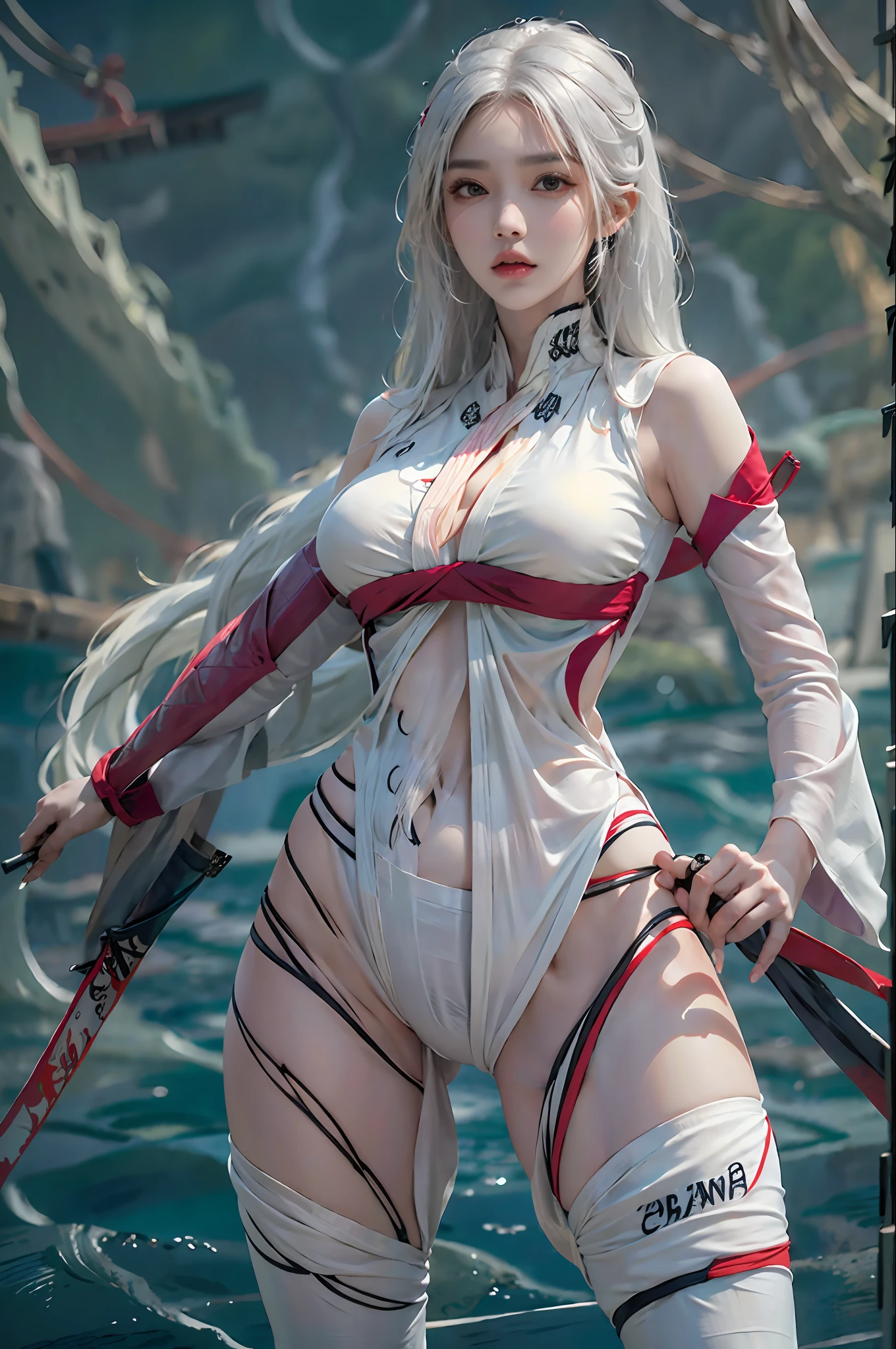 Photorealistic, high resolution, 1womanl, Solo, Hips up, view the viewer, (Detailed face), White hair, Long hair, (((ninjartist_suit, ninjartist))),upper legs, Fishing nets, Pelvic curtain