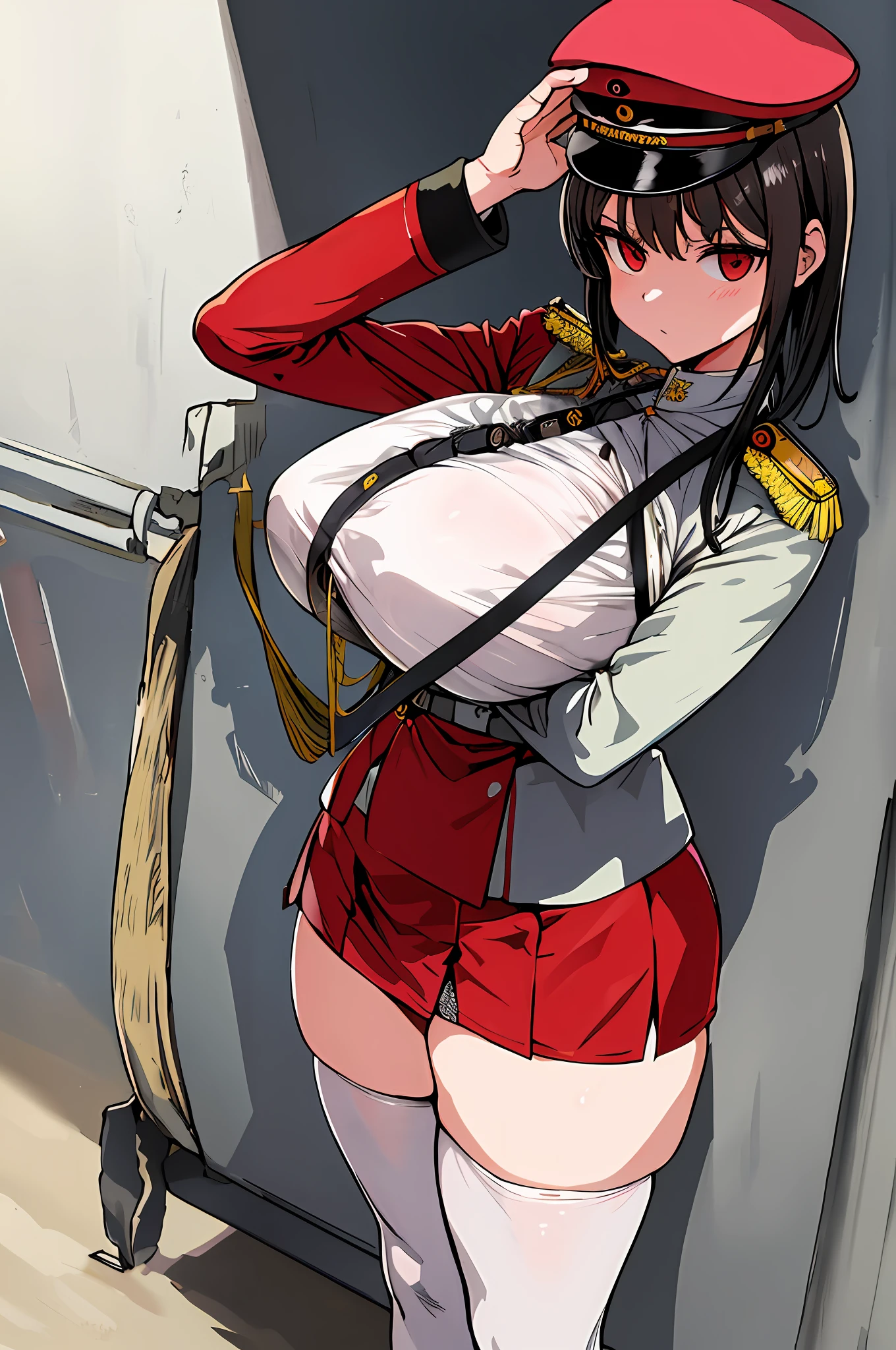 ​masterpiece, top-quality, high_resolution, fine detailed, highly detailed and beautiful, Distinct_image, 1 rapariga, 独奏, , A dark-haired, red eyes, (huge-breasted), (tits out),((German military uniform)),(Miniskirt),thighhigh,(German Hat),(blimp),sexy  pose