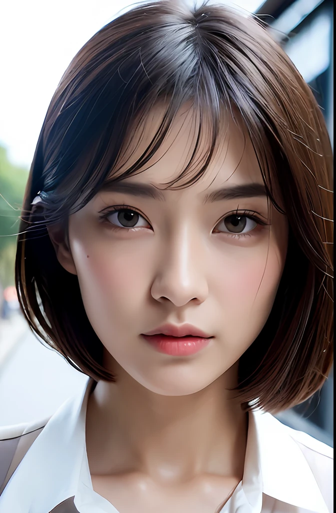 ((Best Quality, 8K, Masterpiece: 1.3)), Sharp: 1.2, Perfect Body Beauty: 1.4, Slim Abs: 1.2, ((Layered Hairstyle, Big Breasts: 1.2)), (Wet White Button Long Shirt: 1.1), (Rain, Street: 1.2), Wet: 1.5, Highly detailed face and skin texture, detailed eyes, double eyelids, side face looking at the camera