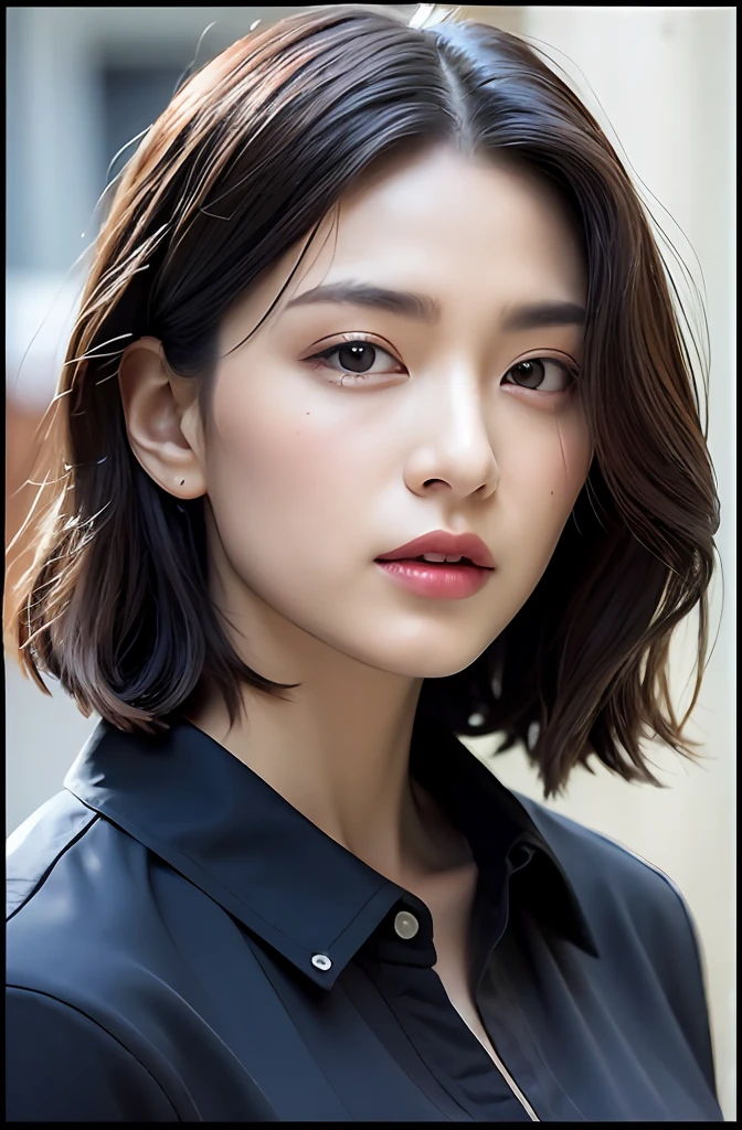 ((Best Quality, 8K, Masterpiece: 1.3)), Sharp: 1.2, Perfect Body Beauty: 1.4, Slim Abs: 1.2, ((Layered Hairstyle, Big Breasts: 1.2)), (Wet White Button Long Shirt: 1.1), (Rain, Street: 1.2), Wet: 1.5, Highly detailed face and skin texture, detailed eyes, double eyelids, side face looking at the camera