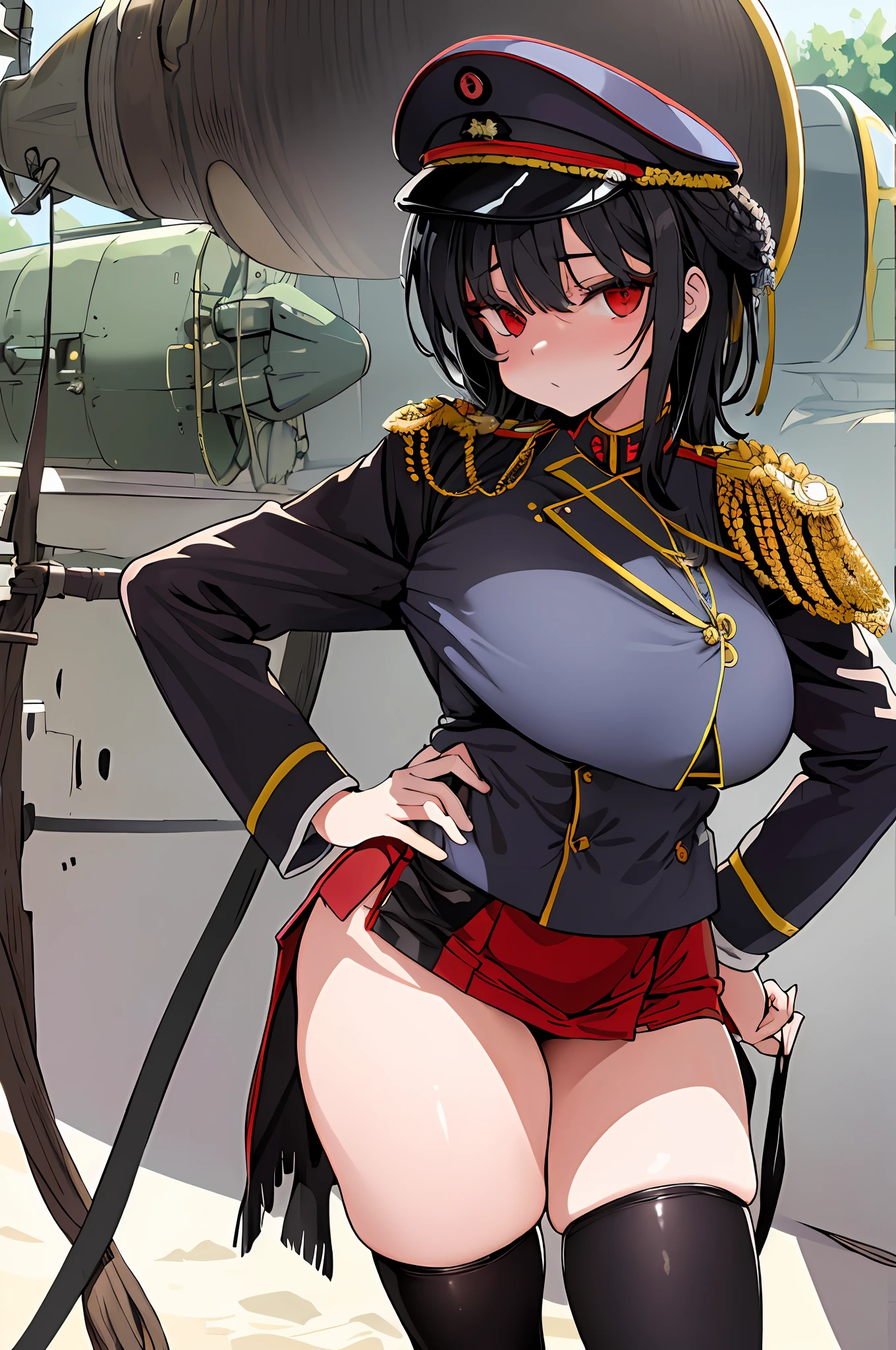 ​masterpiece, top-quality, high_resolution, fine detailed, highly detailed and beautiful, Distinct_image, 1 rapariga, 独奏, , A dark-haired, red eyes, (huge-breasted), (tits out),((German military uniform)),(Miniskirt),thighhigh,(German Hat),(blimp),sexy  pose