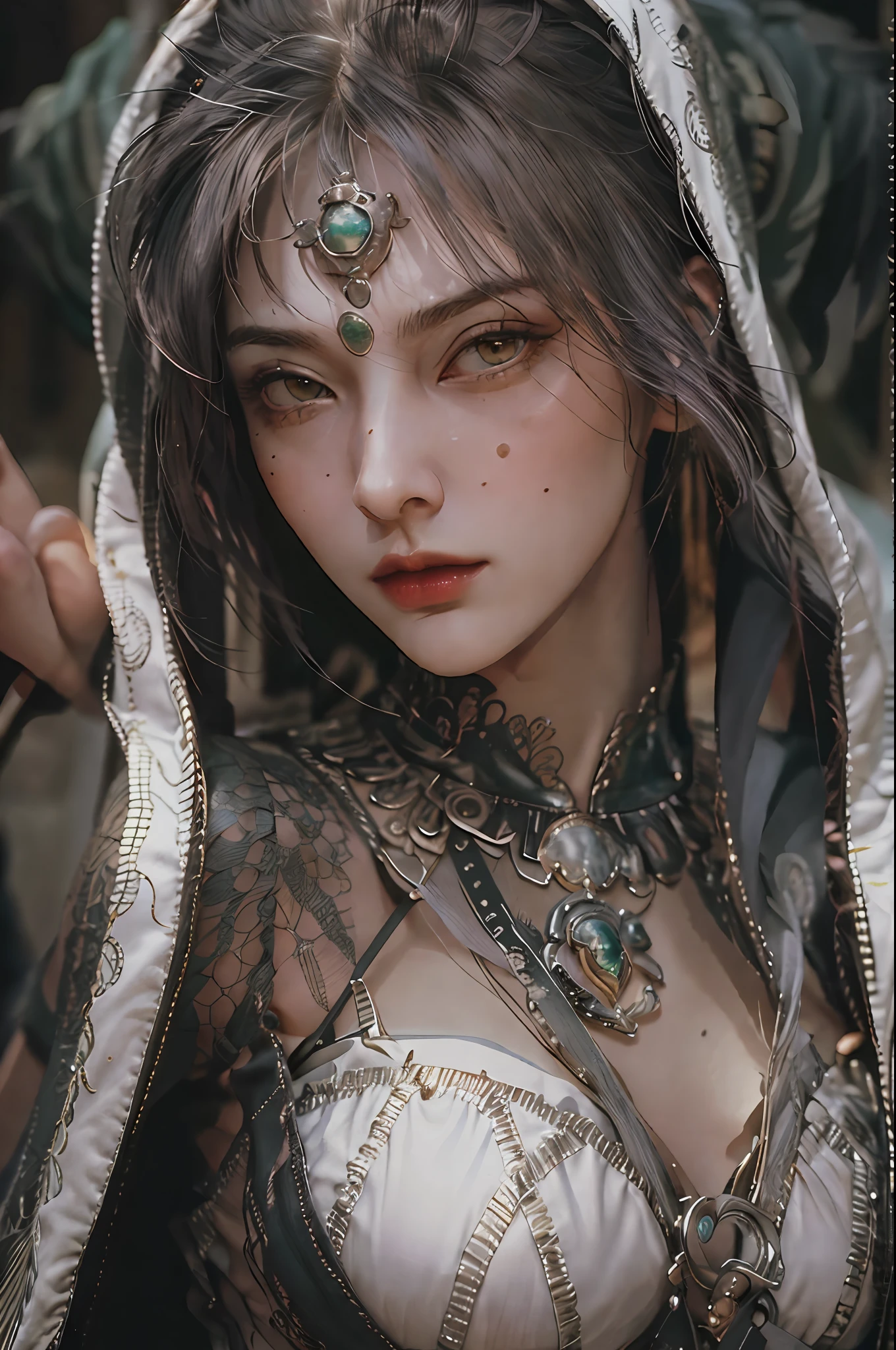 masterpiece, highest quality, RAW, analog style, A stunning portrait of a beautiful woman, morrigan, breast, wearing a mage robe, ((highly detailed skin, skin details)), sharp focus, 8k UHD, DSLR, high quality, film grain, Fujifilm XT3, frowning, intricately details, highly detailed, cluttered and detailed background