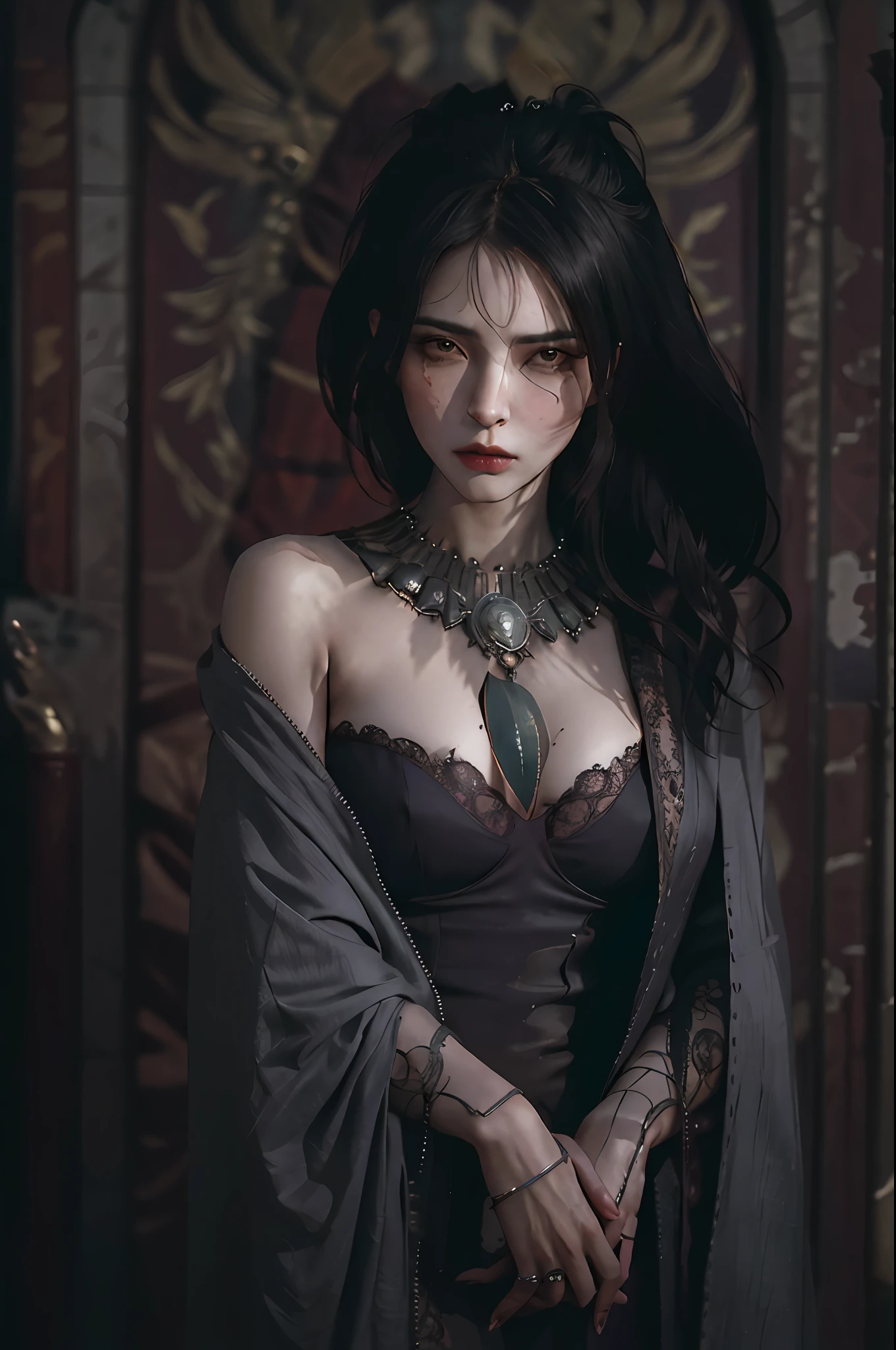 masterpiece, highest quality, RAW, analog style, A stunning portrait of a beautiful woman, morrigan, breast, wearing a mage robe, ((highly detailed skin, skin details)), sharp focus, 8k UHD, DSLR, high quality, film grain, Fujifilm XT3, frowning, intricately details, highly detailed, cluttered and detailed background