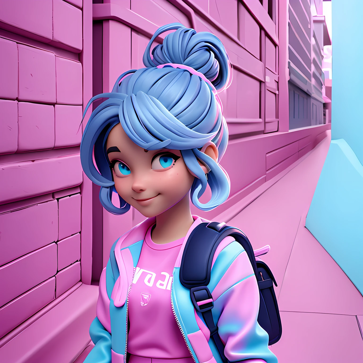 uma menina, Your hair is stuck in a messy bun, preto e rosa, catsuit, mochila, livros, sneaker, corpo inteiro, The background is filled with a pastel shade of light blue, evoking a sense of lightness and happiness.