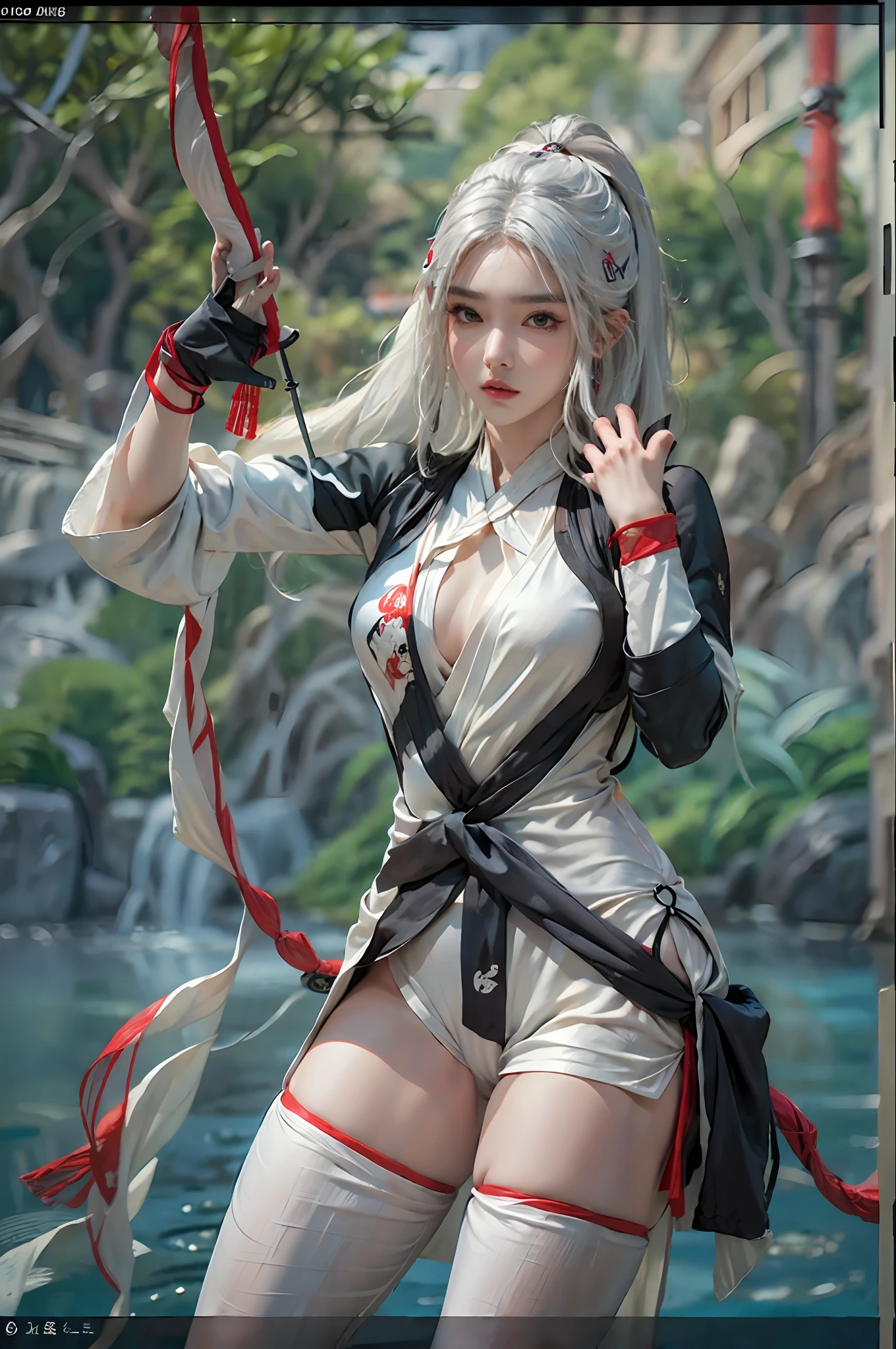 Photorealistic, high resolution, 1womanl, Solo, Hips up, view the viewer, (Detailed face), White hair, Long hair, (((ninjartist_suit, ninjartist))),upper legs, Fishing nets, Pelvic curtain