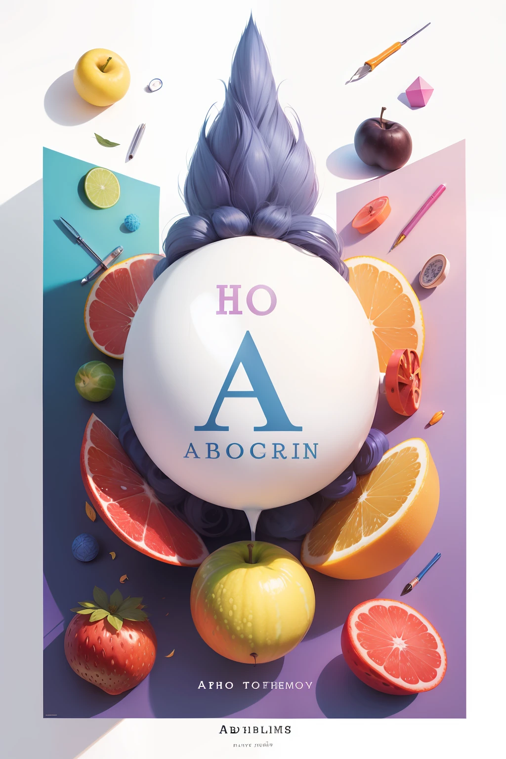 create a fun cover for a children's book that doesn't exist yet, the book contains more than 40 children's activities about the complete alphabet, on a white background, I don't want it to have characters, titles or written words, I want it to have some letters , fruits, objects and animals.