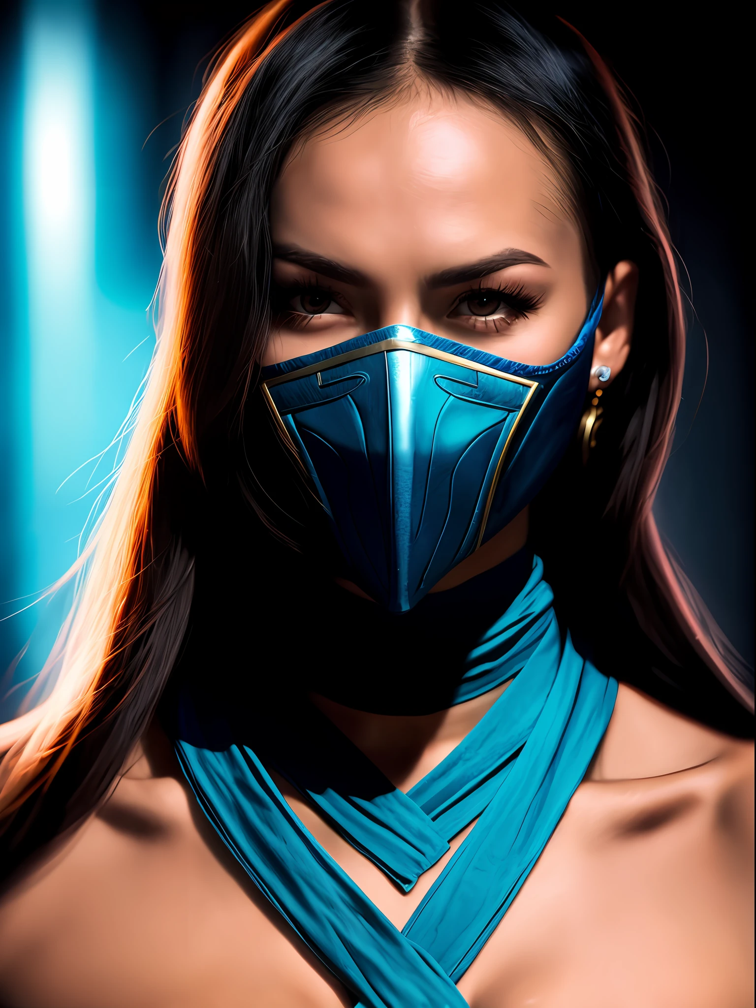 ((Kitana inspirada por Mortal Kombat 2)), (inspirada em Adeline Rudolph:1.2), in a fighting scenario with horror movie background, Auto retrato de rosto frontal, posing for camera, foco nítido, soft-lighting, melhor qualidade, 8k UHD, DSLR, grain of film, (fotorrealista:1.2)