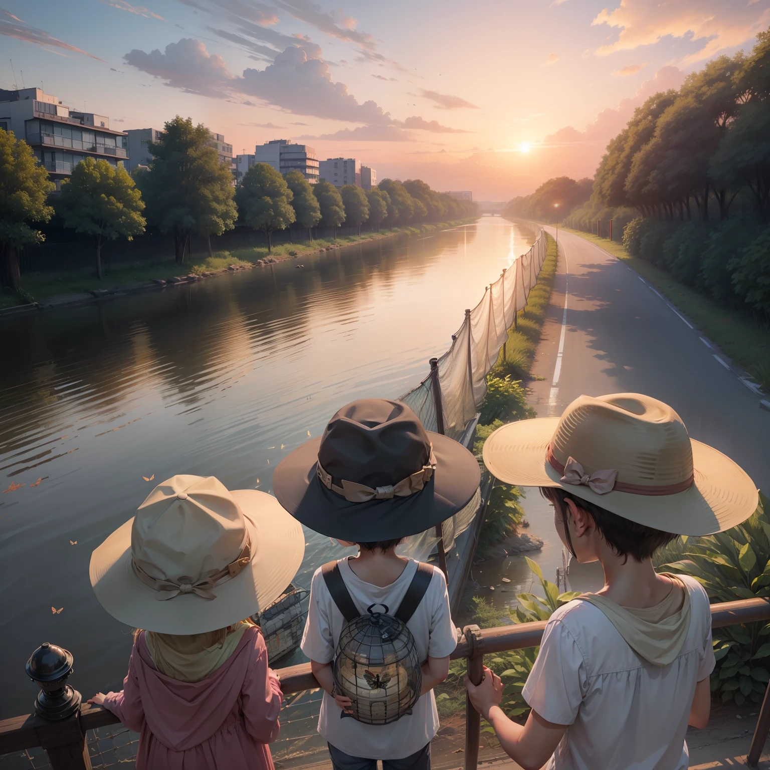 (River embankment road(Gravel road)、Sunset sky、Children、(Hats、Insect cage、Insect netting))
