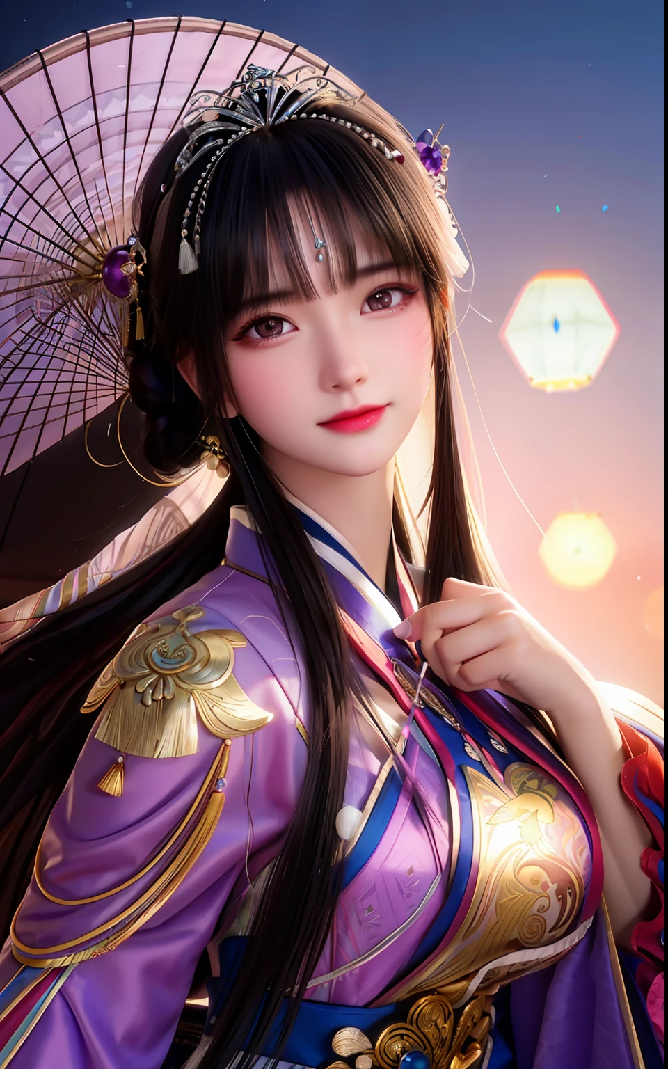 Best quality, Masterpiece,Most of the body,(Background:sonoko),1 girl, Mature woman, Chinese style, Ancient China, sister, Dancer, Dark brown hair, Dark hair, Princess cut, Fried dough twisted braid, Coiled hair, Double ball head,Coiled hair,Streamers, Light pink lips, calm, Intellectual,Purple eyes, nipple tassels, Silver, Beads,peony flower, offcial dress, capes, Silk skirt, Embroidery, Fine face, facial closeups,Light-colored clothes,Beautiful face,Photorealistic, rim lit, twotonelighting,(highdetailskin:1.2), 8K UHD, Digital SLR,Soft lighting, High quality, photographed, high resolution, 4K, 8K, Bokeh