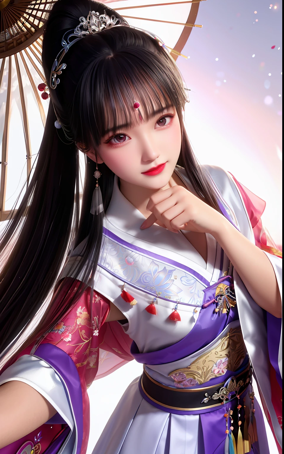 Best quality, Masterpiece,Most of the body,(Background:sonoko),1 girl, Mature woman, Chinese style, Ancient China, sister, Dancer, Dark brown hair, Dark hair, Princess cut, Fried dough twisted braid, Coiled hair, Double ball head,Coiled hair,Streamers, Light pink lips, calm, Intellectual,Purple eyes, nipple tassels, Silver, Beads,peony flower, offcial dress, capes, Silk skirt, Embroidery, Fine face, facial closeups,Light-colored clothes,Beautiful face,Photorealistic, rim lit, twotonelighting,(highdetailskin:1.2), 8K UHD, Digital SLR,Soft lighting, High quality, photographed, high resolution, 4K, 8K, Bokeh