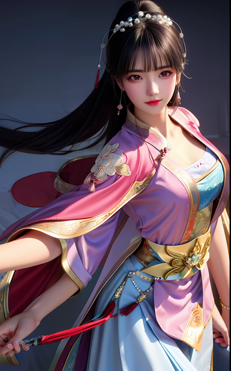 Best quality, Masterpiece,Most of the body,(Background:sonoko),1 girl, Mature woman, Chinese style, Ancient China, sister, Dancer, Dark brown hair, Dark hair, Princess cut, Fried dough twisted braid, Coiled hair, Double ball head,Coiled hair,Streamers, Light pink lips, calm, Intellectual,Purple eyes, nipple tassels, Silver, Beads,peony flower, offcial dress, capes, Silk skirt, Embroidery, Fine face, facial closeups,Light-colored clothes,Beautiful face,Photorealistic, rim lit, twotonelighting,(highdetailskin:1.2), 8K UHD, Digital SLR,Soft lighting, High quality, photographed, high resolution, 4K, 8K, Bokeh
