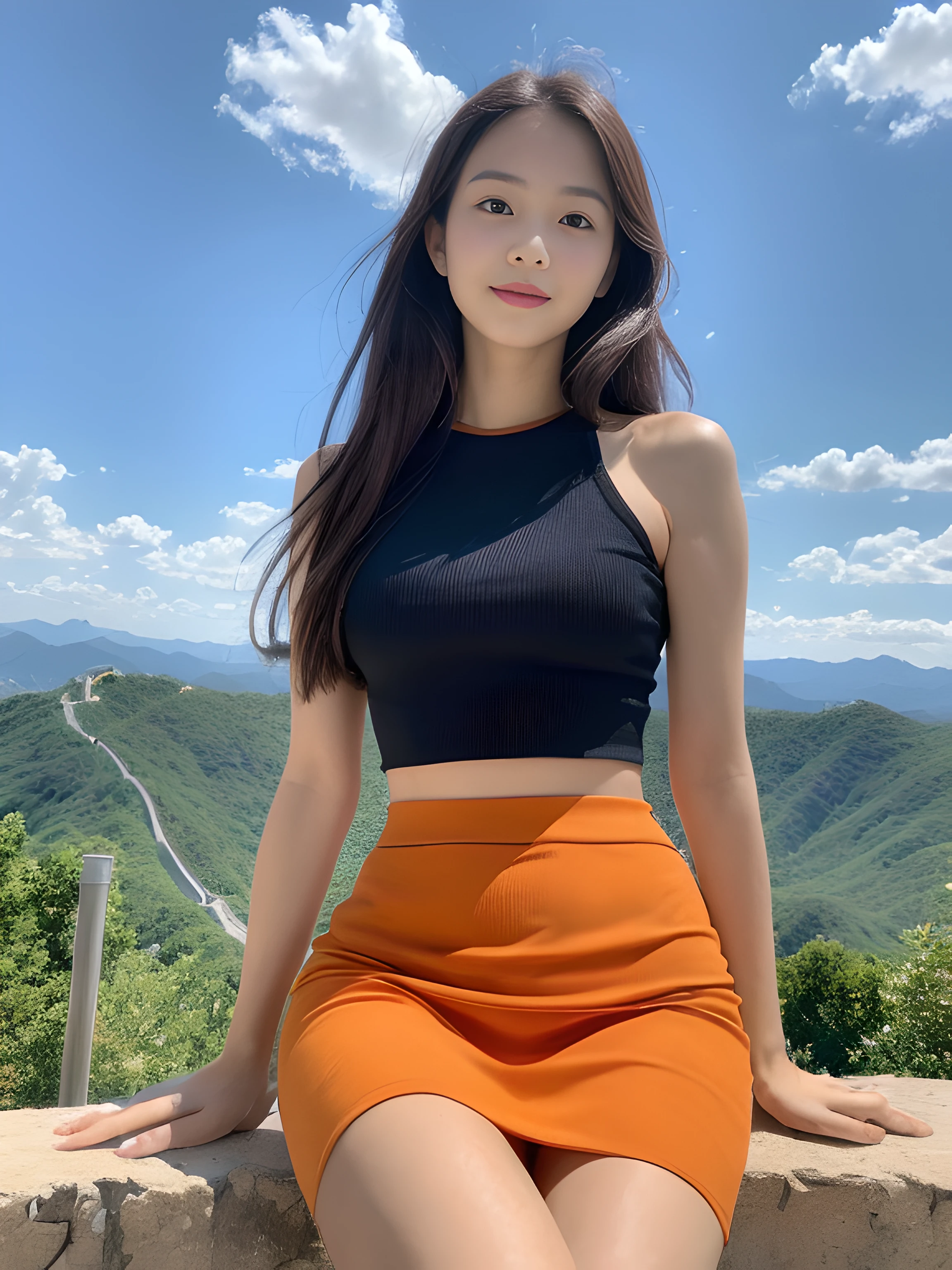 ((best qualtiy, 8K, tmasterpiece:1.3)),Focus:1.2, female high-school student,wooden cabin,(A look of determination)(adolable),delicated face,Long hair waist-length,long hair flowing,Tilt your head,ssmile,Hair details,Delicate Full Body Portrayal,Delicate depiction of the face,Best picture quality,A high resolution,细致背景,Delicate portrayal,exquisitedetails,Rich in detail,Facial strengthening,(Orange crop top,short skirt),with blue sky and white clouds,Sit Pose,The Great Wall background,There are no bags under the eyes