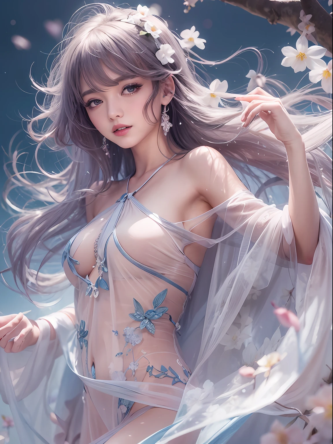 loose outfit、Show shoulders、Navel Ejection、How to wear a gown with a dark see-through halter neck broken、Decorated with intricate patterns and pastel colors、Transparent material that makes the skin shine、Artistic depiction of seductive woman in gown with wet thin cloth and transparent skin, Floral and fantastic pattern with flowing silky traditional see-through skin。Her dress draped elegantly around her curvaceous figure、Emphasizes her charming silhouette。She's a gentle fireworks night、Dynamic Posing、Sexy Posing、bathed in the soft glow of moonlight。The scene is、With a hint of mystery and sensuality、It exudes an ethereal dreamy atmosphere。The image style is、Incorporates a blend of watercolor and digital illustration techniques.、It makes you feel delicate beauty and charm。Soft moonlit lighting、Cast gentle highlights and shadows on her mesmerizing features。Dynamic Posing、Bold poses、The hand is somewhere、see -through、show through、A sexy、Wet hair、Wet、cherry trees、flower petals、cherryblossom、The cherry tree、Sakura blizzard、buried、Transparent skin、Wet clothes、Chest Pulling、Translucent clothes、Eau、nudde、garterbelts、fishnet tights、huge moon、Blue hair、Blue eyes、