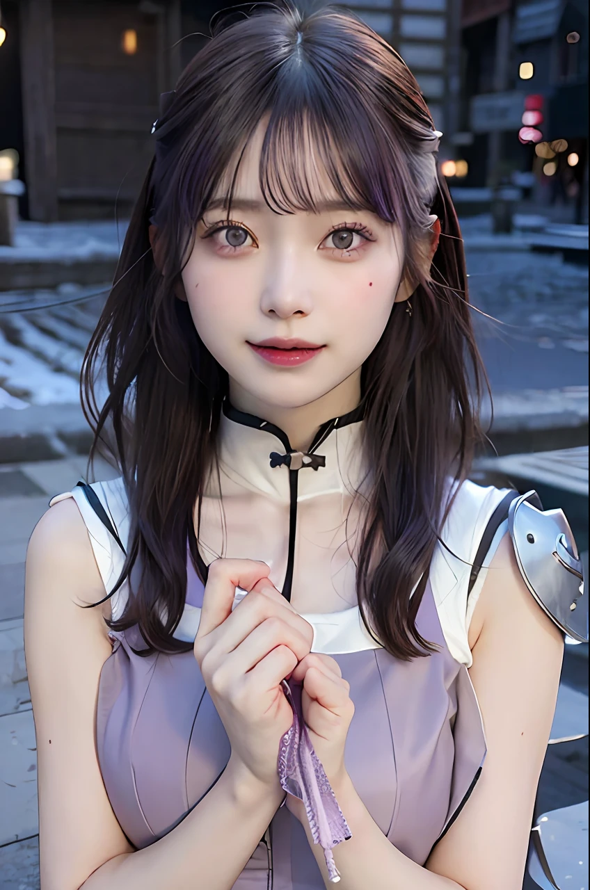 1girl, (8k, RAW photo, best quality, masterpiece:1.2), (ultra highres:1.0),detailed illustration, (real person,fashion photography portrait,photograph), detailed, detailed beautiful skin, (realistic, photo-realistic:1.37), hinataNS, solo, professional lighting, pink dress with flower), village, east asian architecture, trees, village hidden in the city background,looking_at_viewer, smile,purple hair, white eyes,mitain,toeless footwear,kunai,facial mark,konohagakure symbol,fighting_stance,fence,ninja,adjusting gloves,sleeveless,cleavage, big breasts