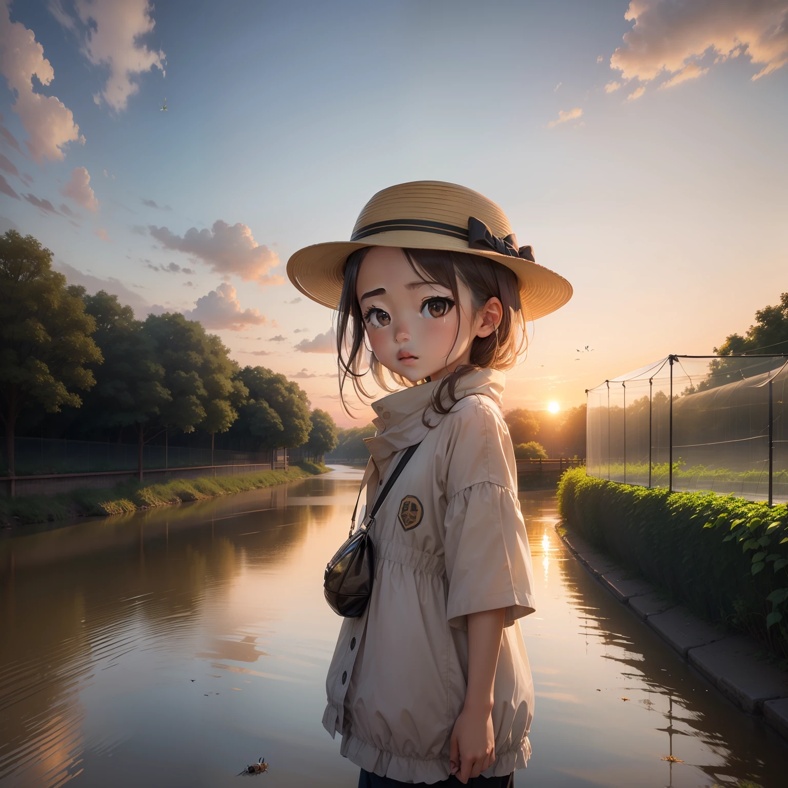 (River embankment road(Gravel road)、Sunset sky、Children、(Hats、Insect cage、Insect netting))