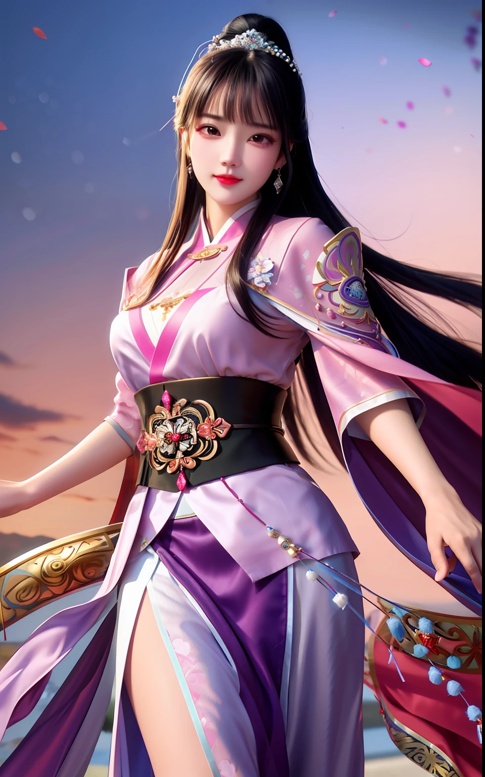 Best quality, Masterpiece,Most of the body,(Background:sonoko),1 girl, Mature woman, Chinese style, Ancient China, sister, Dancer, Dark brown hair, Dark hair, Princess cut, Fried dough twisted braid, Coiled hair, Double ball head,Coiled hair,Streamers, Light pink lips, calm, Intellectual,Purple eyes, nipple tassels, Silver, Beads,peony flower, offcial dress, capes, Silk skirt, Embroidery, Fine face, facial closeups,Light-colored clothes,Beautiful face,Photorealistic, rim lit, twotonelighting,(highdetailskin:1.2), 8K  UHD, Digital SLR,Soft lighting, High quality, photographed, high resolution, 4K, 8K, Bokeh