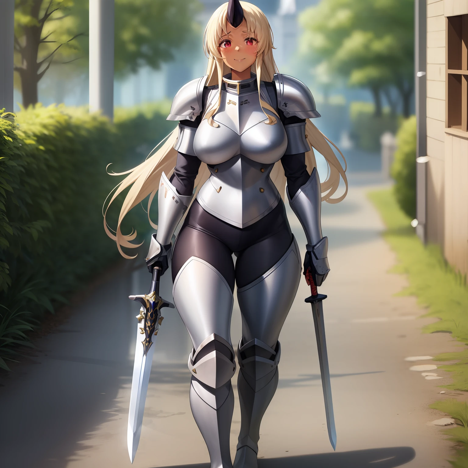 Sharp focus, 1girl, single horn, solo,blonde hair, very long hair, soles,( dark-skinned female:1.1), blush, smile, full body, large breasts, (red eyes:1.1),best quality, 4k, ((masterpiece)), extremely detailed, 8k, trending on ArtStation, walking, female knight, fantasy, full body armor, space marines armor, pants, holding sword, boots,