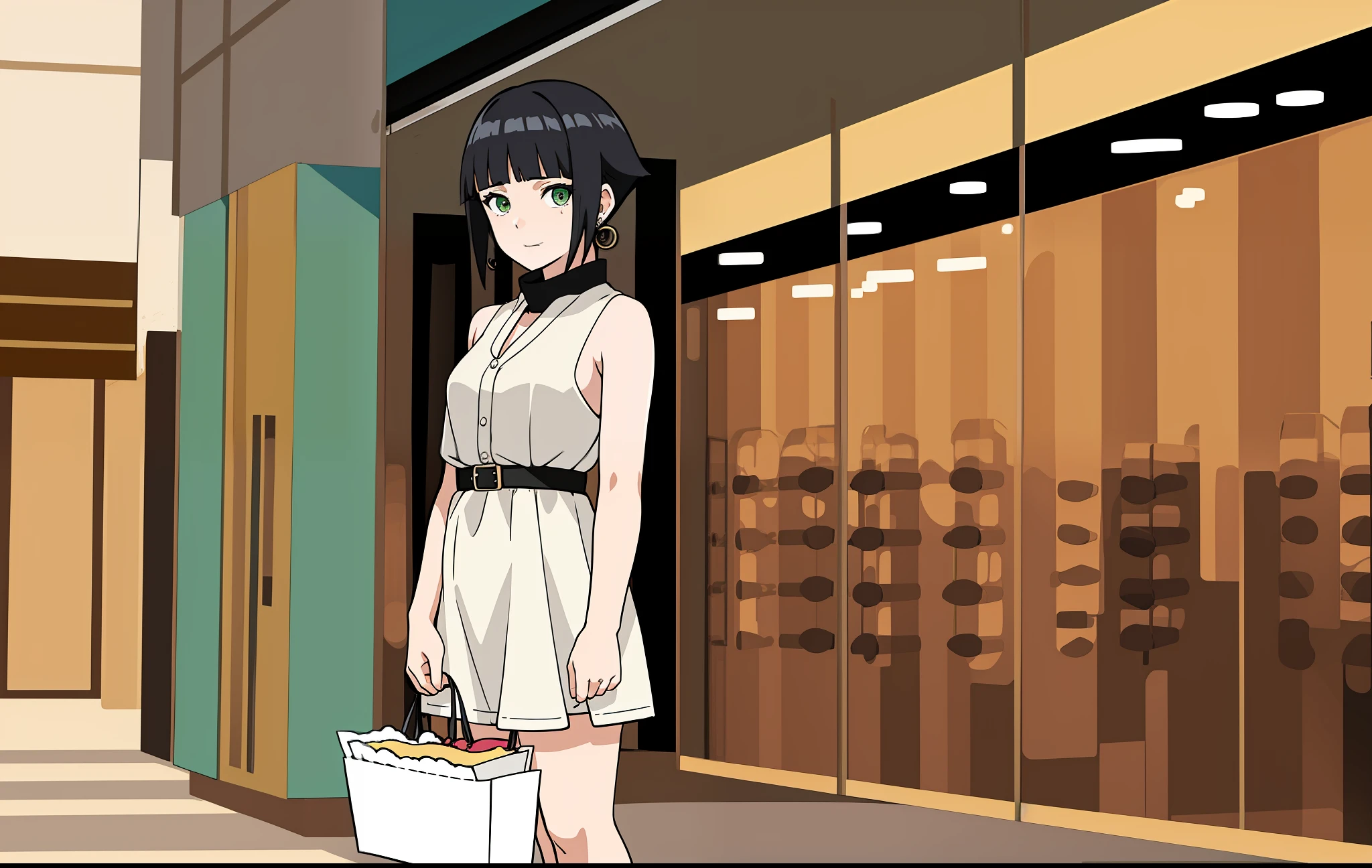 masterpiece, best quality, 1girl, short black hair, twin tail hairstyle, green eyes, white dress, small breasts, happy, small earrings, sweating, in a shopping mall, standing, full body