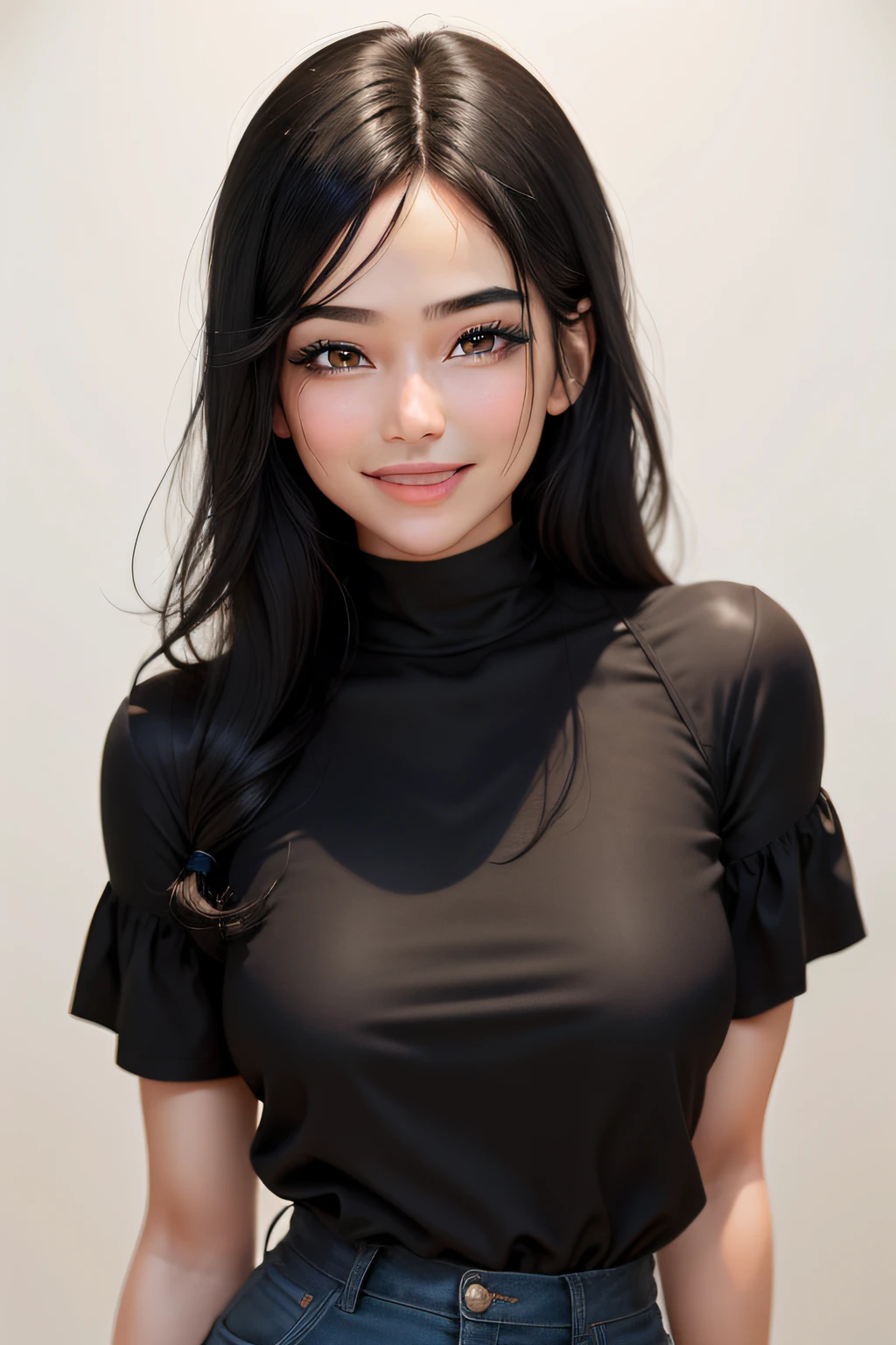 a portrait of a pretty woman, black hair, smile, white background, simple background, photorealism, realism, fashion photography
