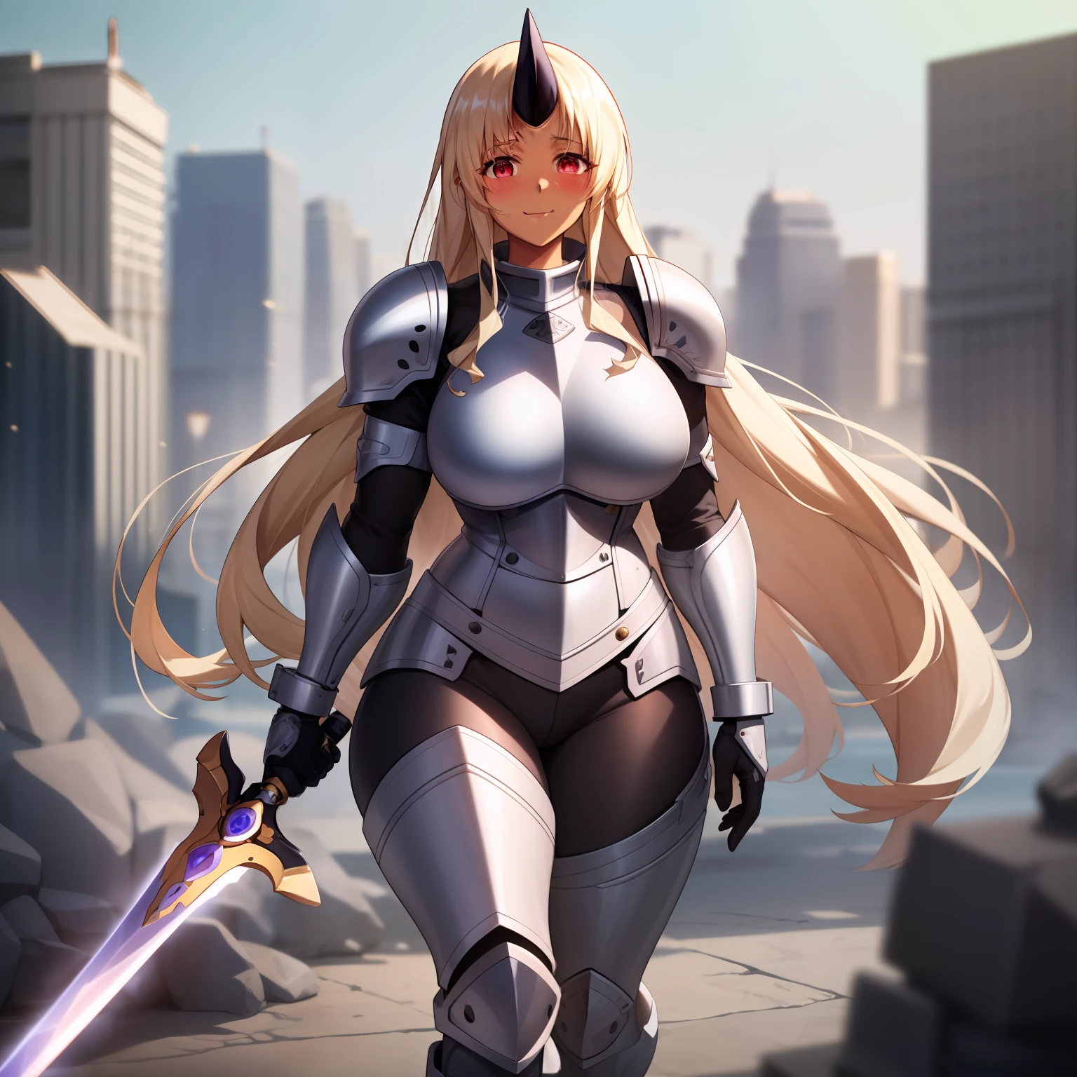 Sharp focus, 1girl, single horn, solo,blonde hair, very long hair, soles,( dark-skinned female:1.1), blush, smile, full body, large breasts, (red eyes:1.1),best quality, 4k, ((masterpiece)), extremely detailed, 8k, trending on ArtStation, walking, female knight, fantasy, full body armor, space marines armor, pants, holding sword, boots,