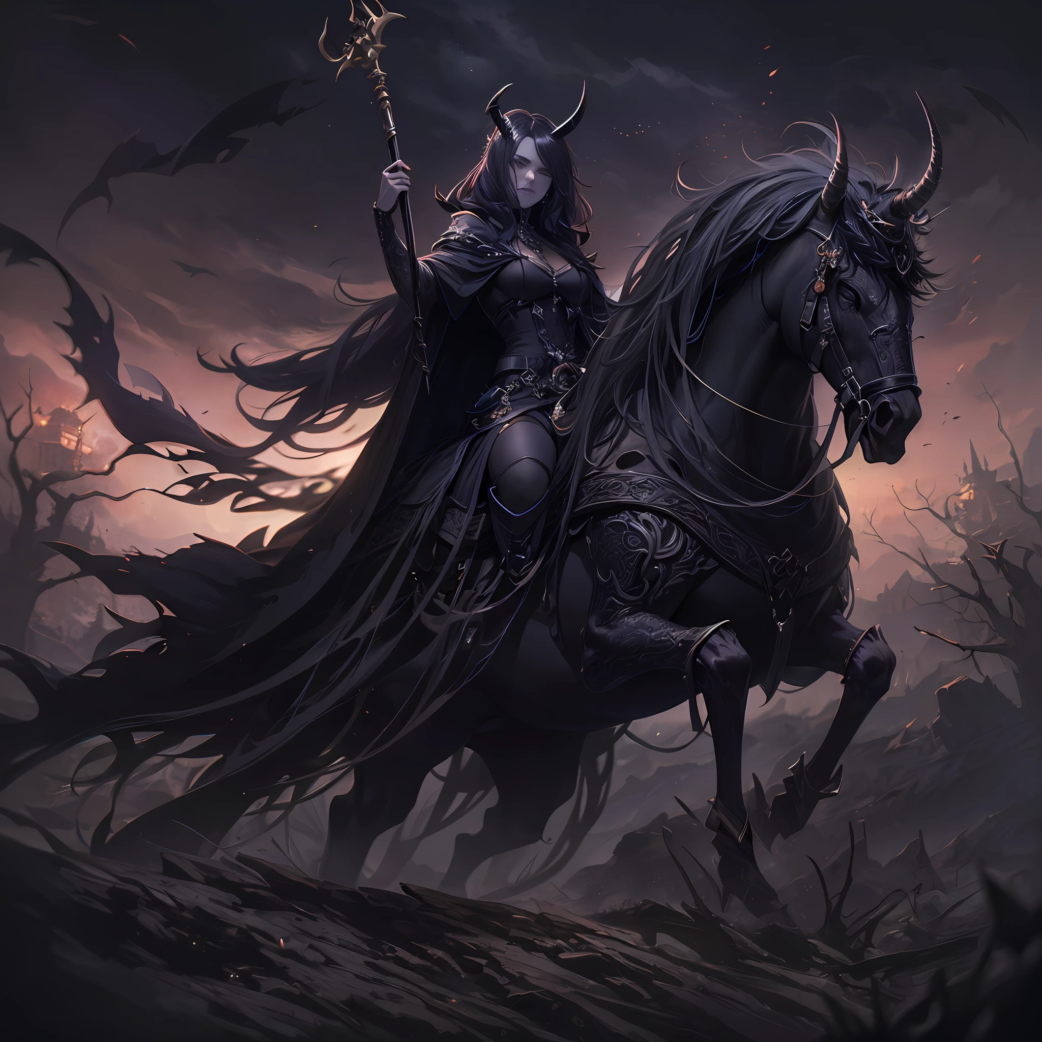 honed-horned-undead riding a black unicorn, dark palette illumination, dark paradise landscape background, hold a wood rod, light black cloak, fluid lobe, layered bob hair, ashen hair, dark fantasy atmosphere, cinematic lighting, intricate fantasy texture, high quality, high resolution,
