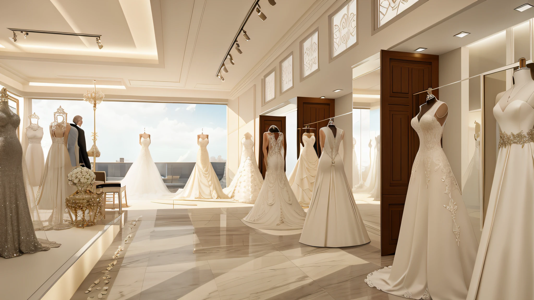 "Enhance the render quality of a luxurious wedding dresses store render, capturing all elements in the same shot."
