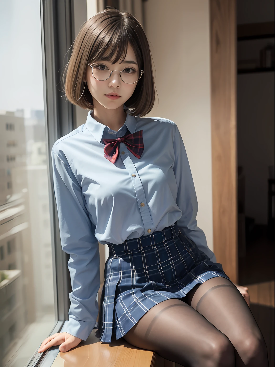 （8K、Raw photography、top-quality、​masterpiece：1.2),de pele branca,kne,(Black pantyhose),absurderes,a small face,small tits,flat breast,Parting the bangs from the middle、Forehead visible,(Tight eyes,glares,Bullish,skinny,Rasping,irate)、​masterpiece,top-quality、超A high resolution,Raw photo,ren,Beautiful fece,One Person, 独奏,eye glass,,Dark look,Small breasts,fullllbody,Round glasses、cute little、JK school uniform,hi-school girl,A Japanese Lady,is standing,（Photorealsitic：1.37）、Photon mapping,Light blue ribbon,Realistic、Cute little face,Brown-eyed、Black socks、(Red bow tie)、Radio City、Physically Based Rendering、Foreground、depth of fields、Blurry background、a picture,The girls、Body,beauty legs, Long legs, Thin leg,Long bob cut,(Bangs are visible), hair, s lips, Blue_The eye, nosesoft,(Light blue shirt), (Navy and blue and white plaid pleated skirt), Knees are visible,Sheer clothing,, Thigh, Black cotton socks,Nogizaka Idol, 女優, Japanese ido