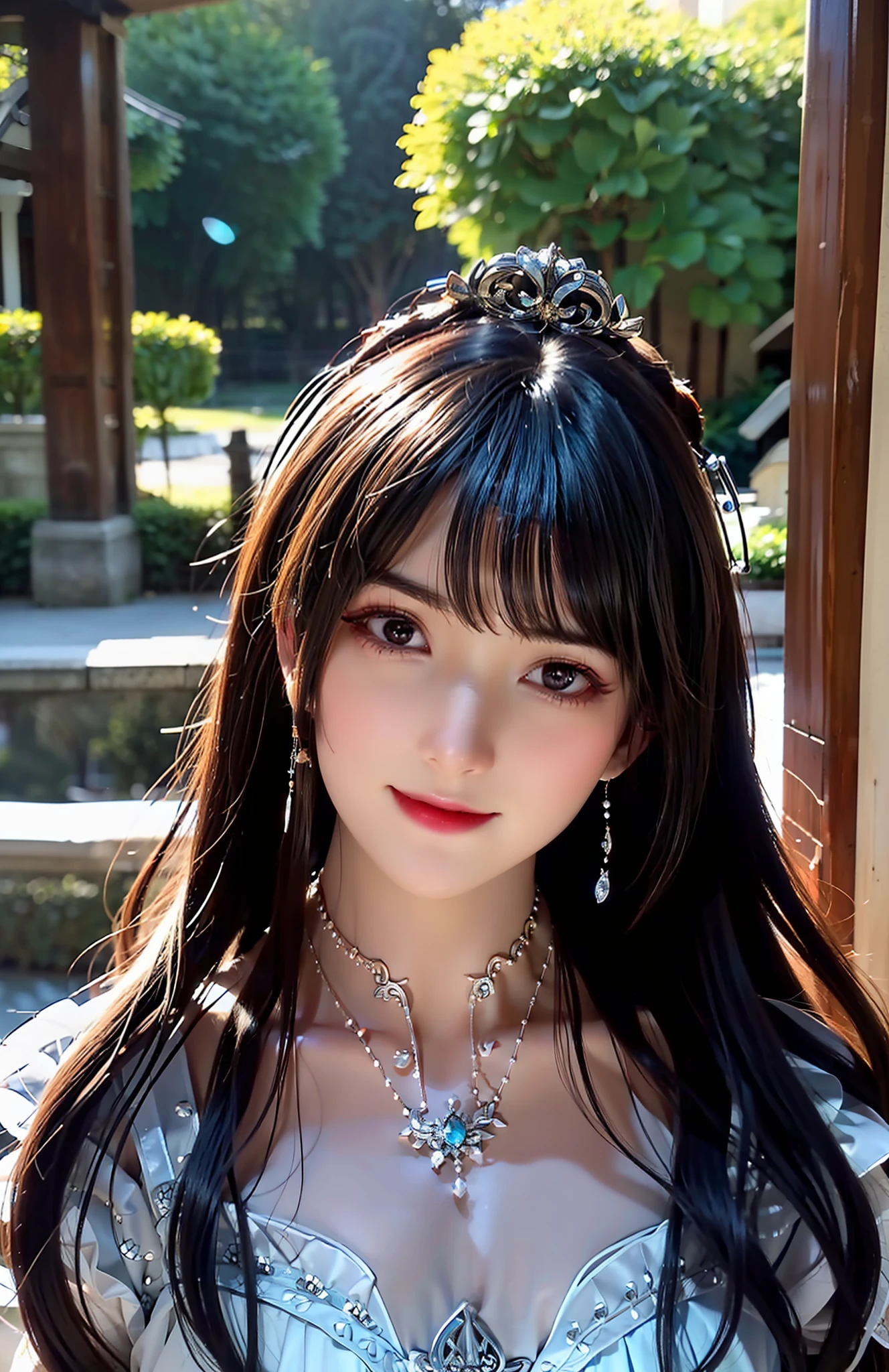 ((Best quality:1.2, 8K, photograph realistic:1.4, Masterpiece, back Lighting, Caustics, Ultimate pretty Girl, Highly Detailed beautiful Textures, Detailed beauty makeup:1.2, Realistic skin, Detailed eyes, Detailed bangs)), Medium breast, (canal background), ((White fairy costume )), (hair adornments), (Naughty smile), (Delicate bright brown and silver two-tone wavy hair), ((face round)), (Head tilt), Looking back , (Wind)