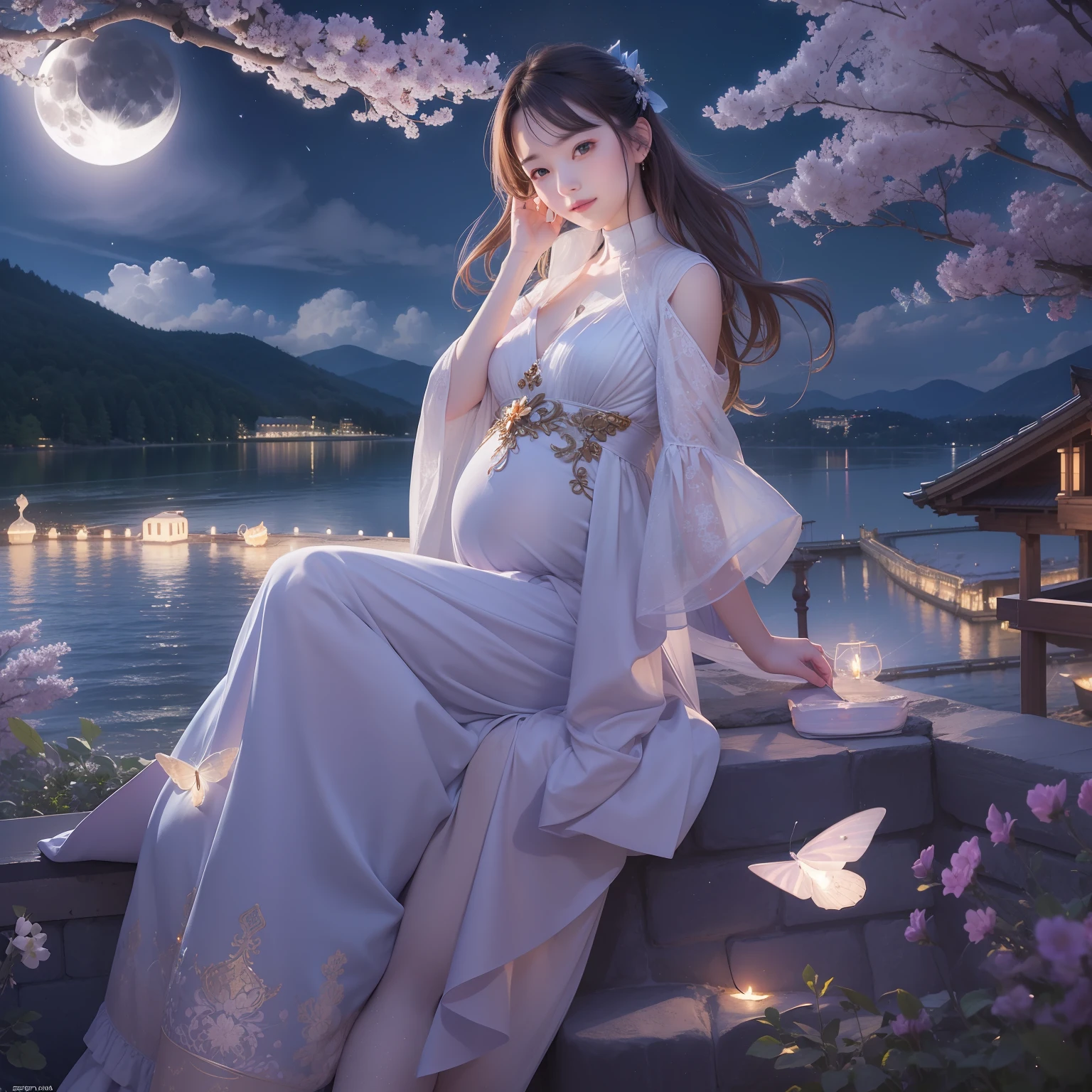 (top-quality)、(masterpiece)、Purple and orange sparkling dress、Realistic 20 year old beauty、Pregnant、Put your hands on your stomach、kindly smile、(Fine and delicate skin)、Snowy mountains々and admire the full moon by the lake、Snowy mountains and full moon reflected in the lake、Full Moon Night、(Realistic Full Moon)、Cherry blossoms are blooming、starrysky、Big Full Moon、shooting stars、murky、Fantastic night view illuminated by moonlight、Glowing fireflies fly、Glowing white butterfly flies
