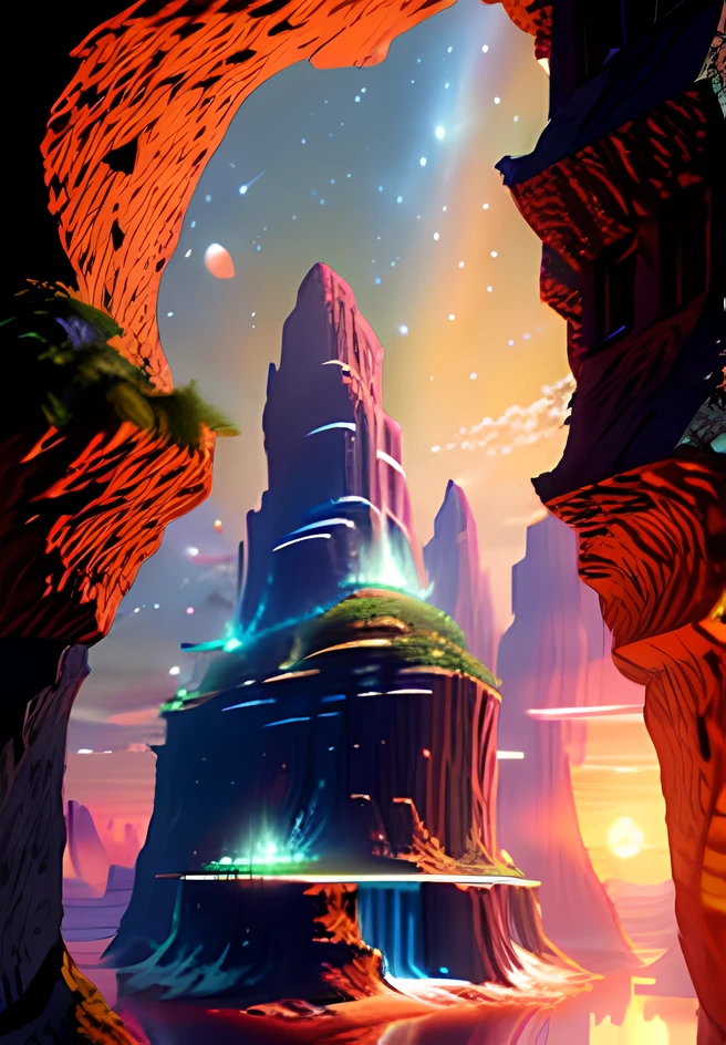 sunset,shooting star,colorful,best quality,Amazing,masterpiece,delicate,ultra high res,ultra detailed,highly detailed,intricate detail,beautiful detailed,finely detailed,8k resolution,physically-based rendering,sharp focus,professional photography,floating city,hill,fantasy_world,Garden,Running water,