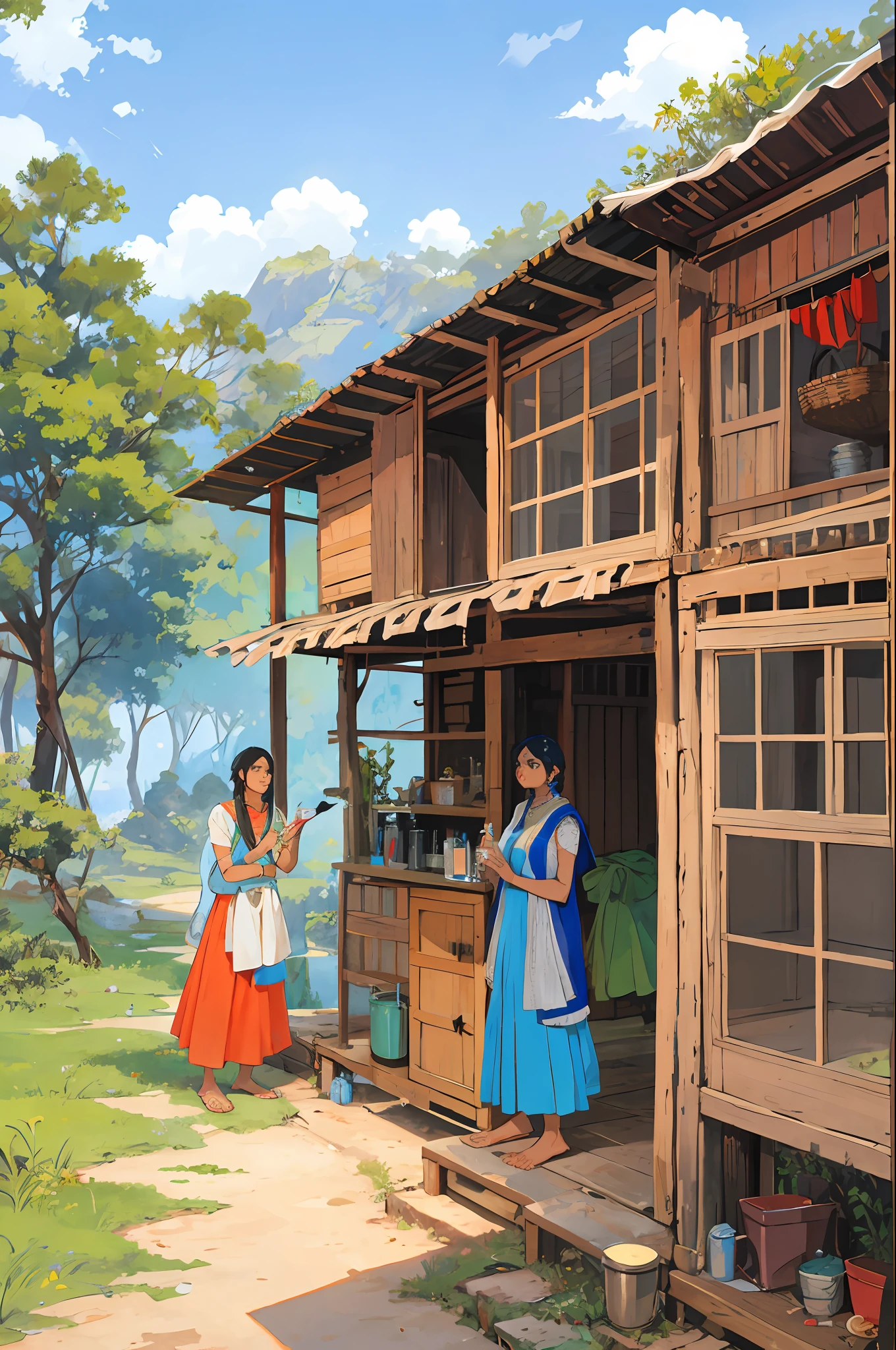indian woman standing in hut, giving glass of water to indian man, few other men surrounding, traditional indian vilalge, rural environment, style of Ghibli