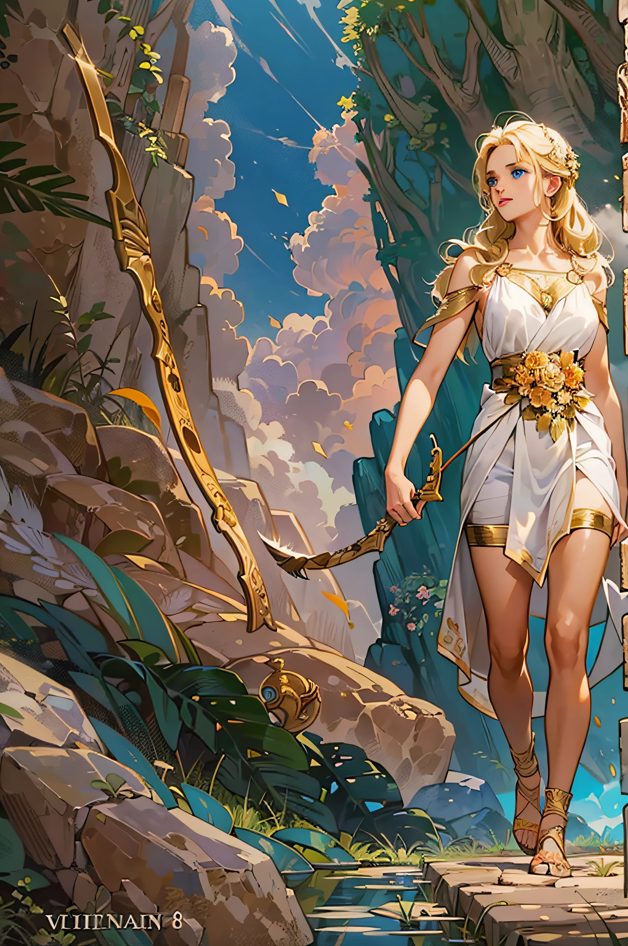 Young goddess of wild nature and virginity and hunting, With (((blonde hair))) and (((blue eyes))), Is stunningly beautiful, Is fair-skinned, Is slender and tall, Shows off her pair of perfect long legs, Wears {a sleeveless, (very short: 1.7), (white:1.5), greek chiton, with golden borders}, Abs, "looks stern and determined", Is holding ((a golden bow)), Is running and chasing her prey, Archery, Mythical Arcadian mountains and forests, Greek mythology, vibrant and lively atmosphere, digital art, hyperrealism, super high quality, super detail, ultra accurate description of hands, masterpiece, 8k, HDR