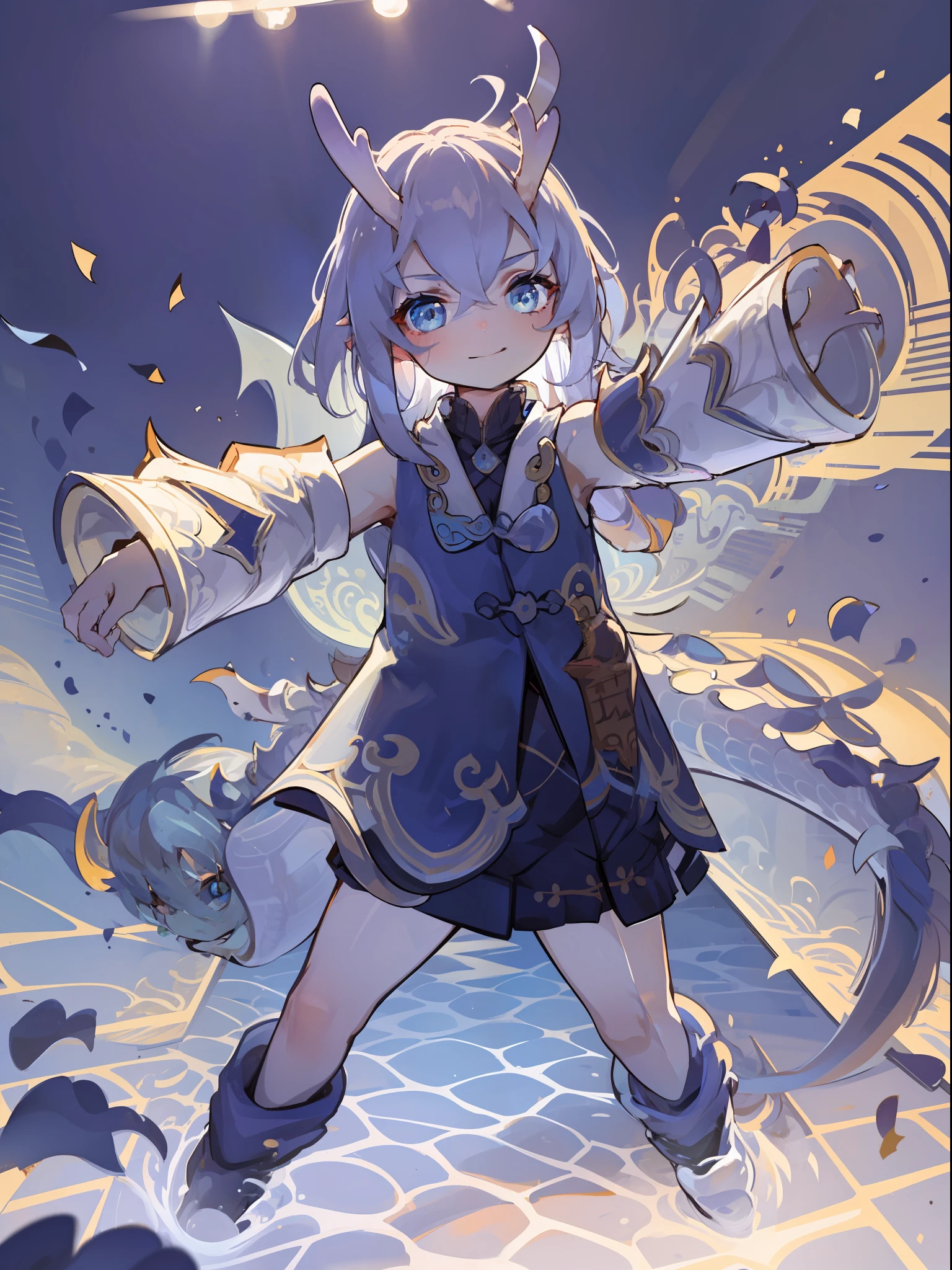 (Best picture quality:1.3),(tmasterpiece:1.3),(illustratio:1.3),(ultra - detailed:1.3),(imid shot:0.9), 1girll, Solo, Very young, The upper part of the body, Short neck, smallunderboob,child(Soak in the stream:1.2),Dragon tail,,ahoge,eBlue eyes,Gemstone Eye,Very fine eyes,Very thin face,Keep one's mouth shut,Light smile,Eau,The fish,Mare,banya,Huafu,East Dragon,Chinese style clothes,Original work