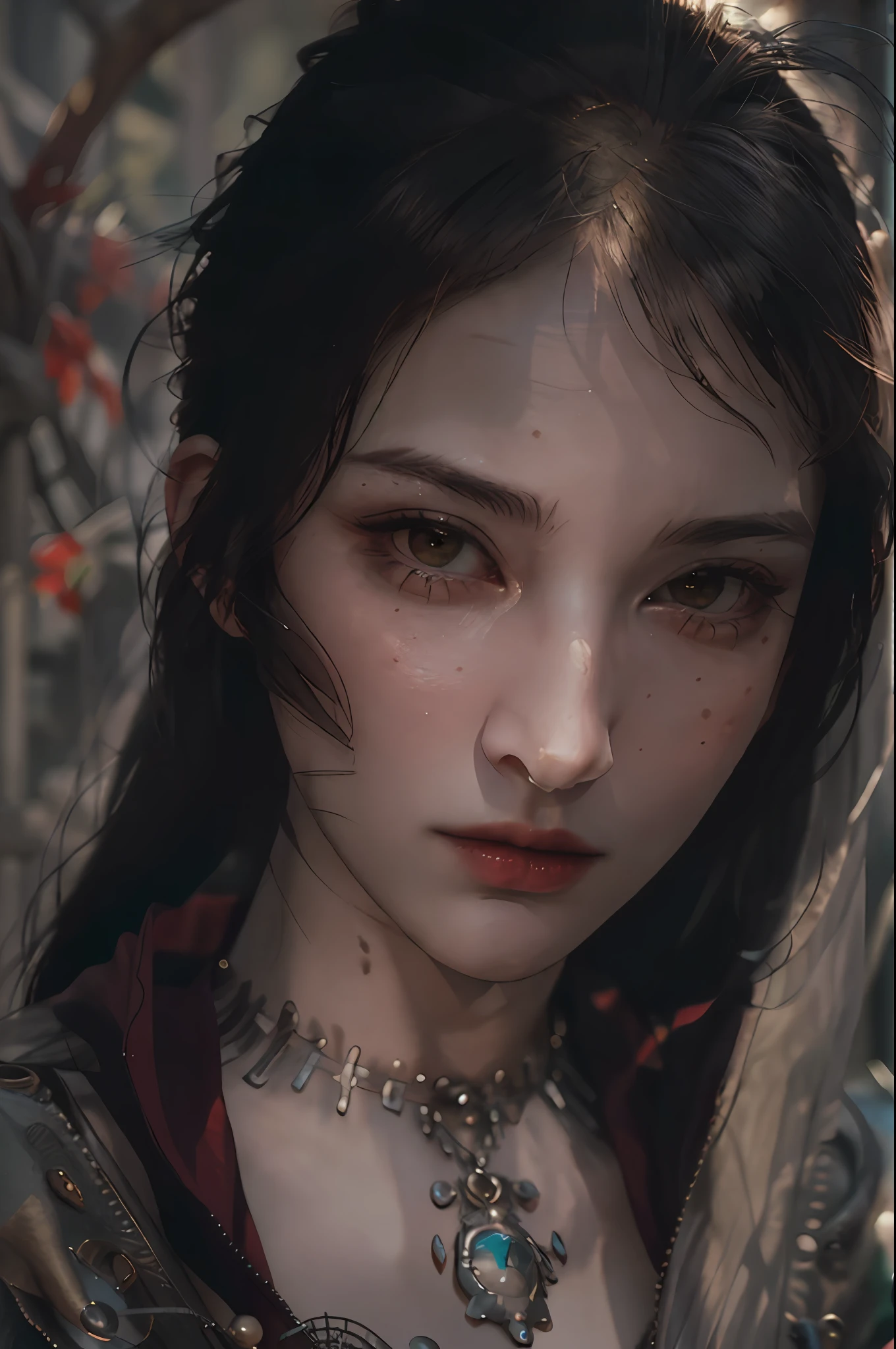 masterpiece, highest quality, RAW, analog style, A stunning portrait of a beautiful woman, morrigan, breast, wearing a mage robe, ((highly detailed skin, skin details)), sharp focus, 8k UHD, DSLR, high quality, film grain, Fujifilm XT3, frowning, intricately details, highly detailed, cluttered and detailed background