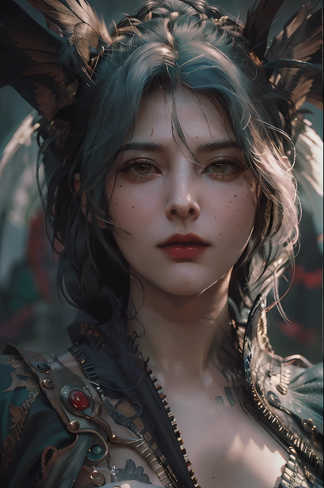 masterpiece, highest quality, RAW, analog style, A stunning portrait of a beautiful woman, morrigan, breast, wearing a mage robe, ((highly detailed skin, skin details)), sharp focus, 8k UHD, DSLR, high quality, film grain, Fujifilm XT3, frowning, intricately details, highly detailed, cluttered and detailed background