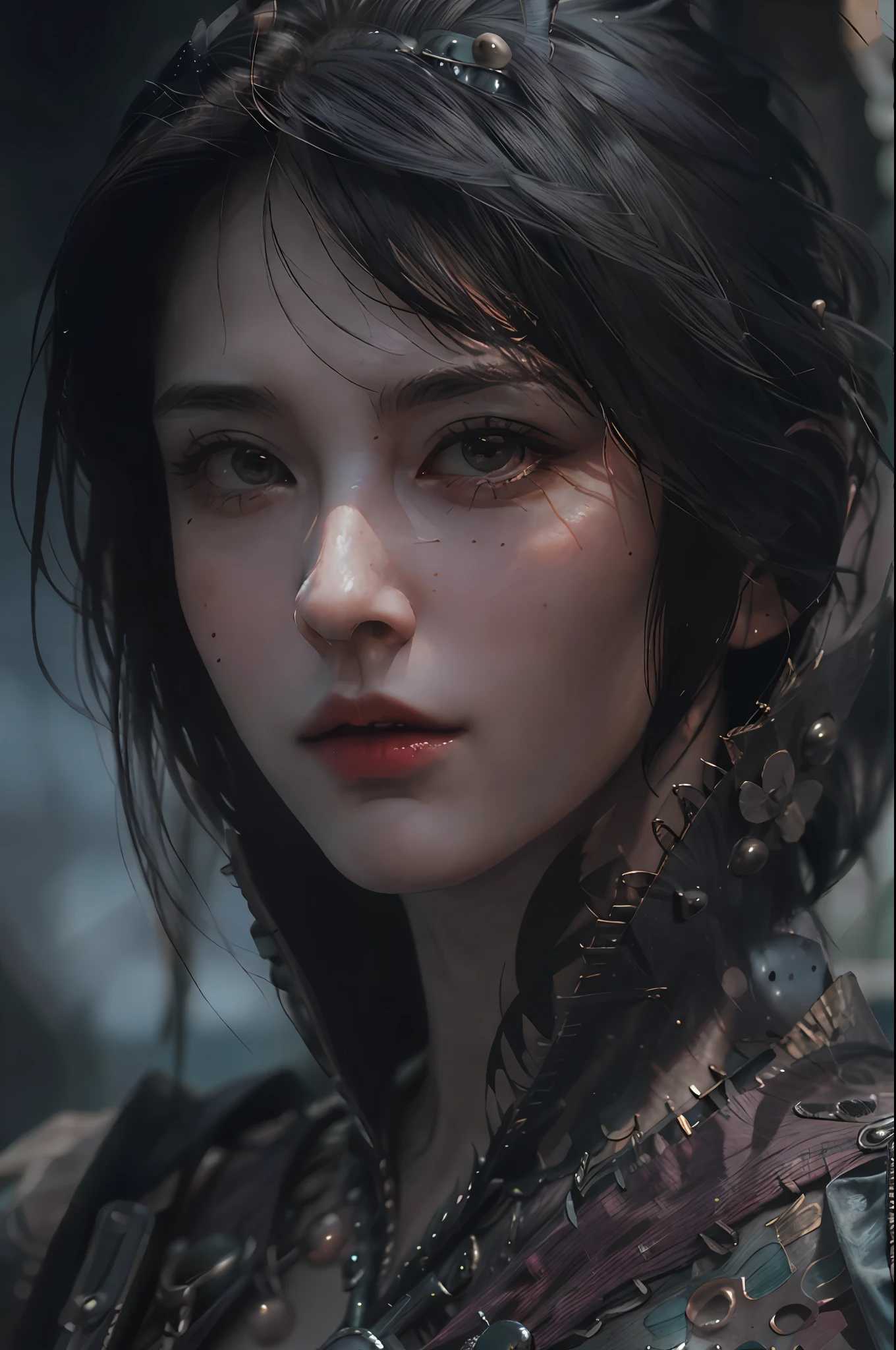 masterpiece, highest quality, RAW, analog style, A stunning portrait of a beautiful woman, morrigan, breast, wearing a mage robe, ((highly detailed skin, skin details)), sharp focus, 8k UHD, DSLR, high quality, film grain, Fujifilm XT3, frowning, intricately details, highly detailed, cluttered and detailed background